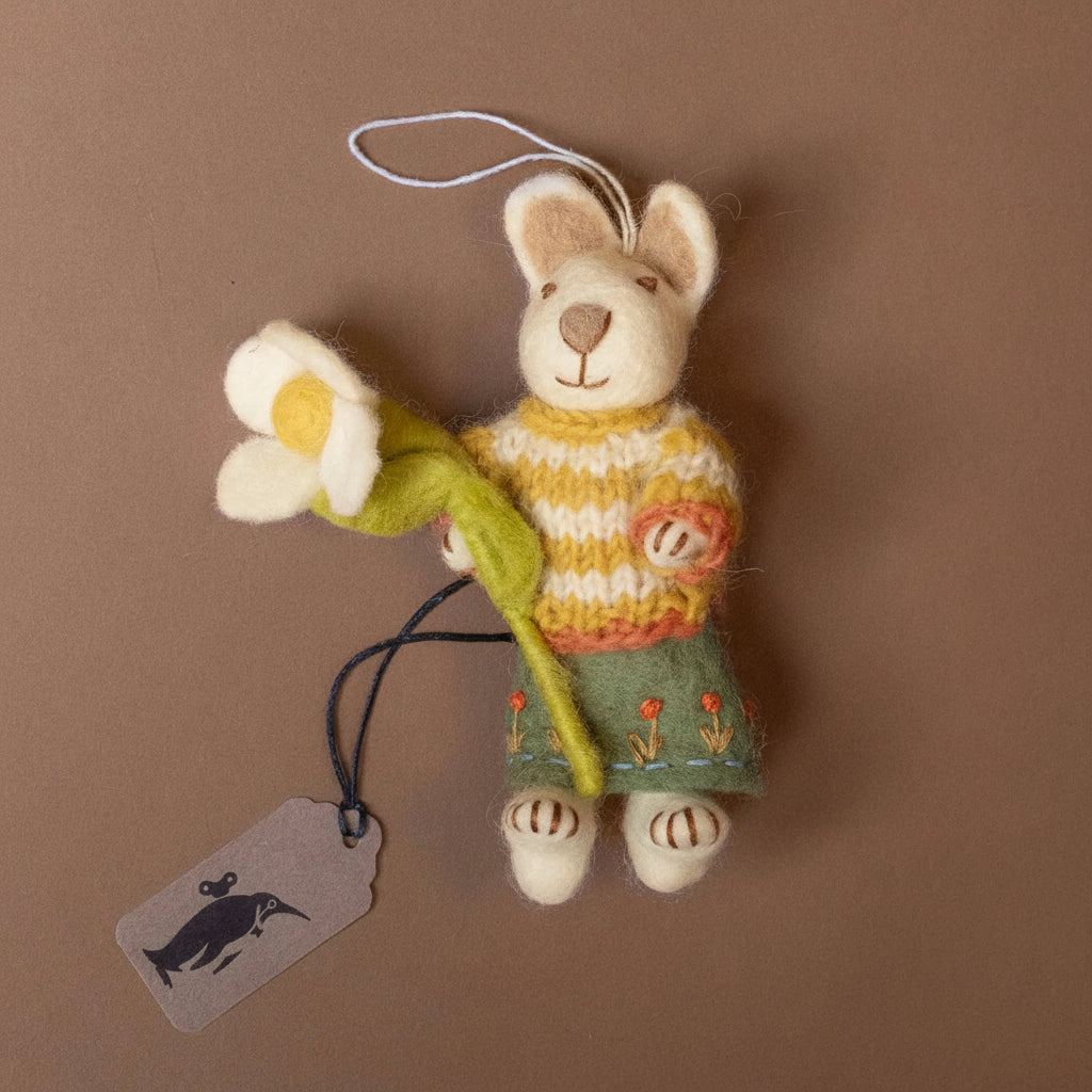 Felted White Rabbit Ornament | Striped Sweater with Snowdrop