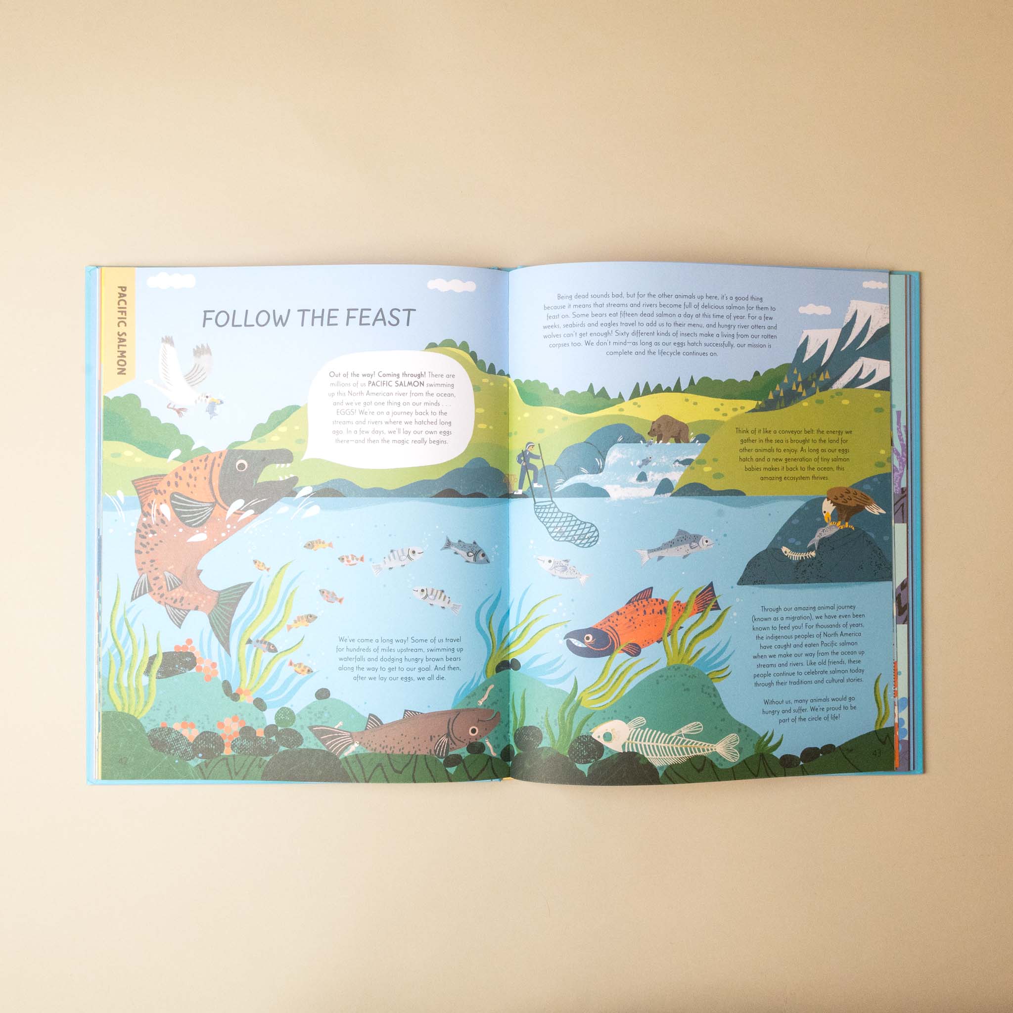 An open children's book titled 'FOLLOW THE FEAST' laid flat on a warm beige background. The pages feature colorful cartoon illustrations of a river, fish, mountains, and wildlife, with text blocks and a yellow spine band.
