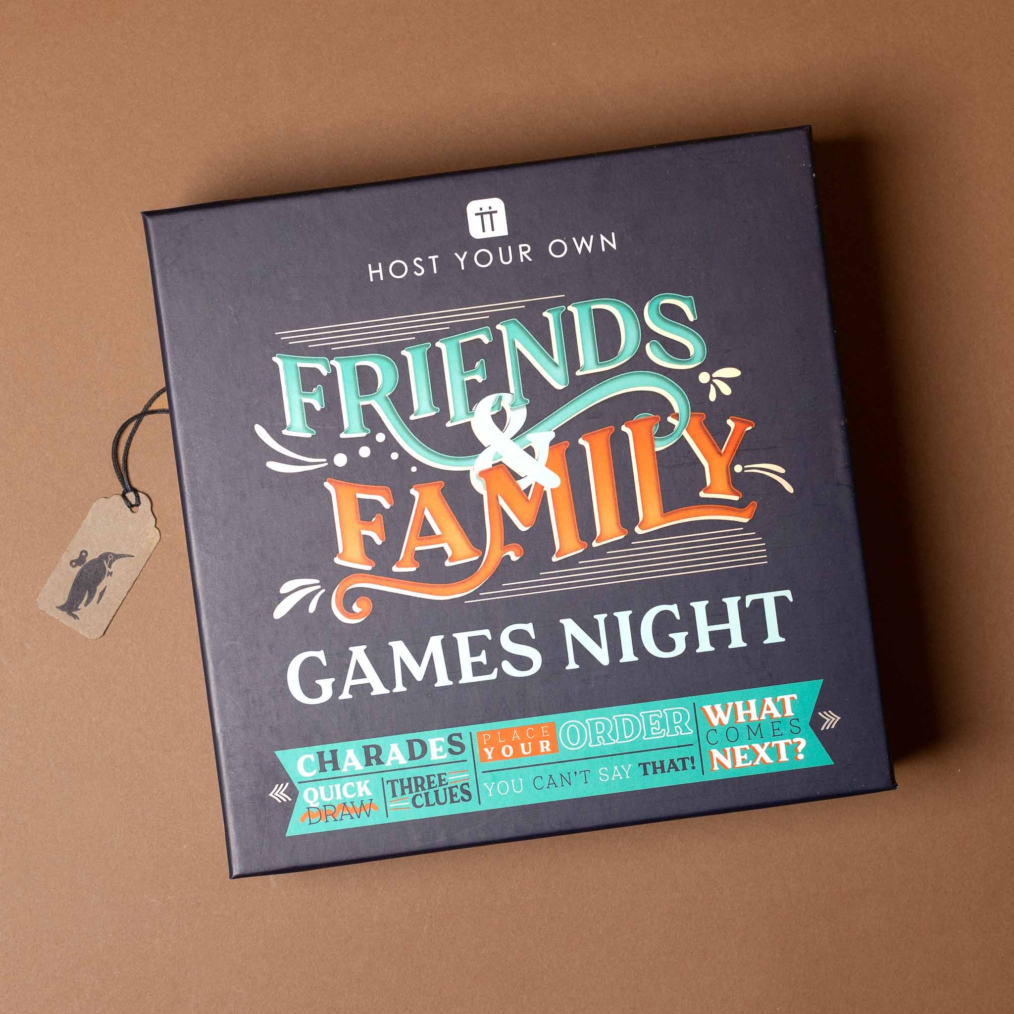 Box for hosting a 'Friends & Family Games Night' on a brown background