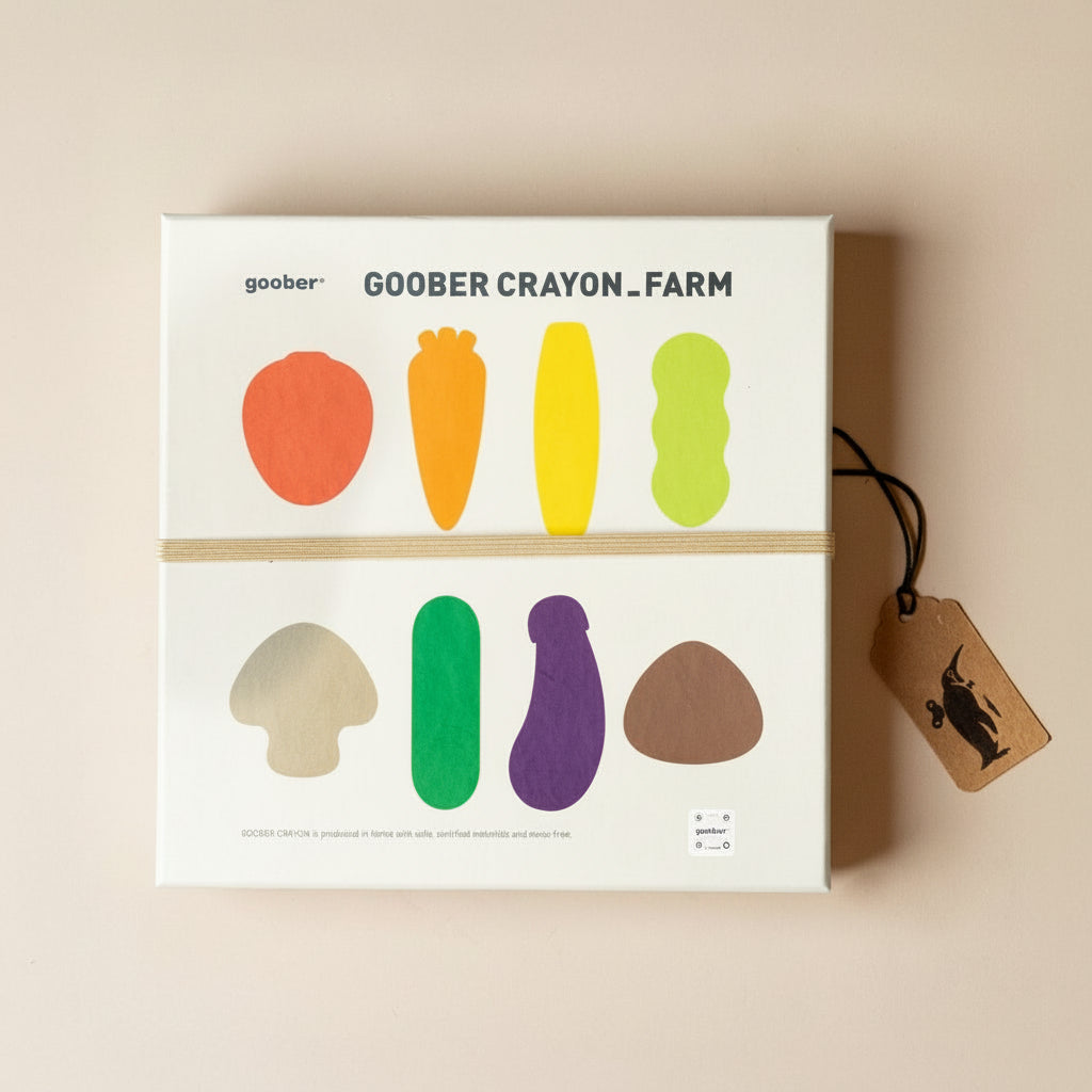 Box of Goober Crayon Farm crayons with colorful illustrations of vegetables
