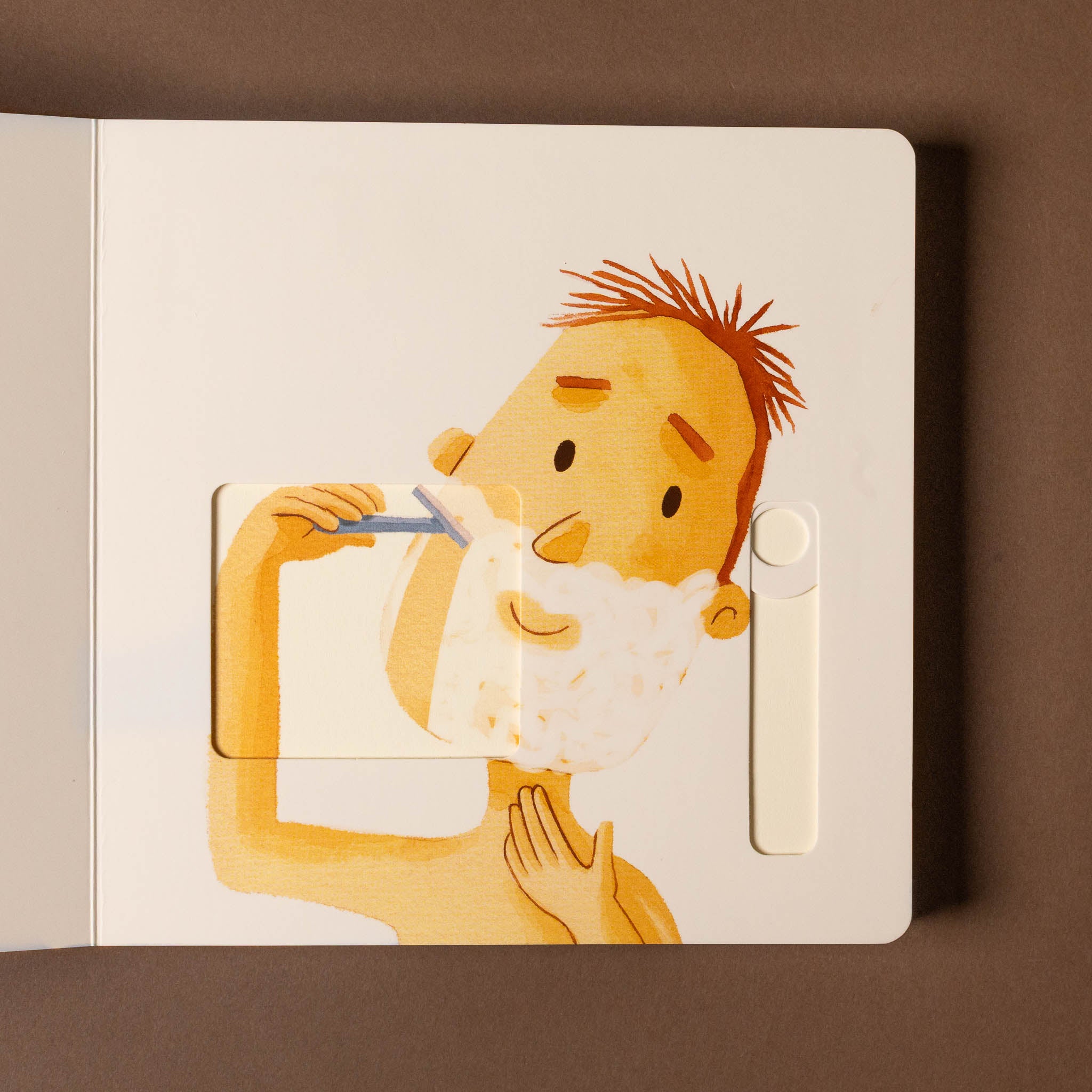 good-morning-buenos-dias-board-book Illustration of a person shaving with a razor on a brown background