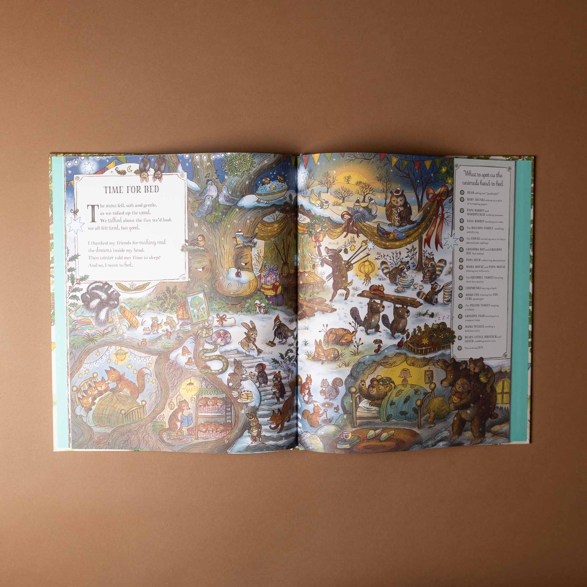 grand-old-oak-and-the-birthday-ball Open book with colorful illustrations on a brown background