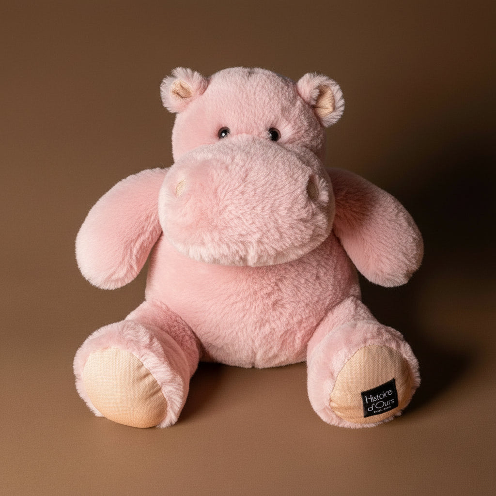 hip-hippo-blush-medium Pink plush hippo toy with a visible brand label on a brown background