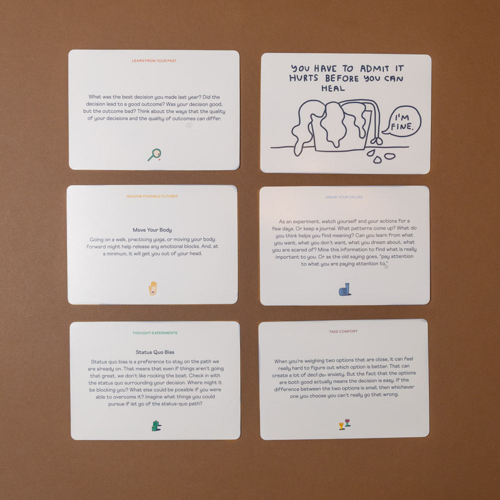 how-to-decide-card-set Set of cards with text and illustrations on a brown background