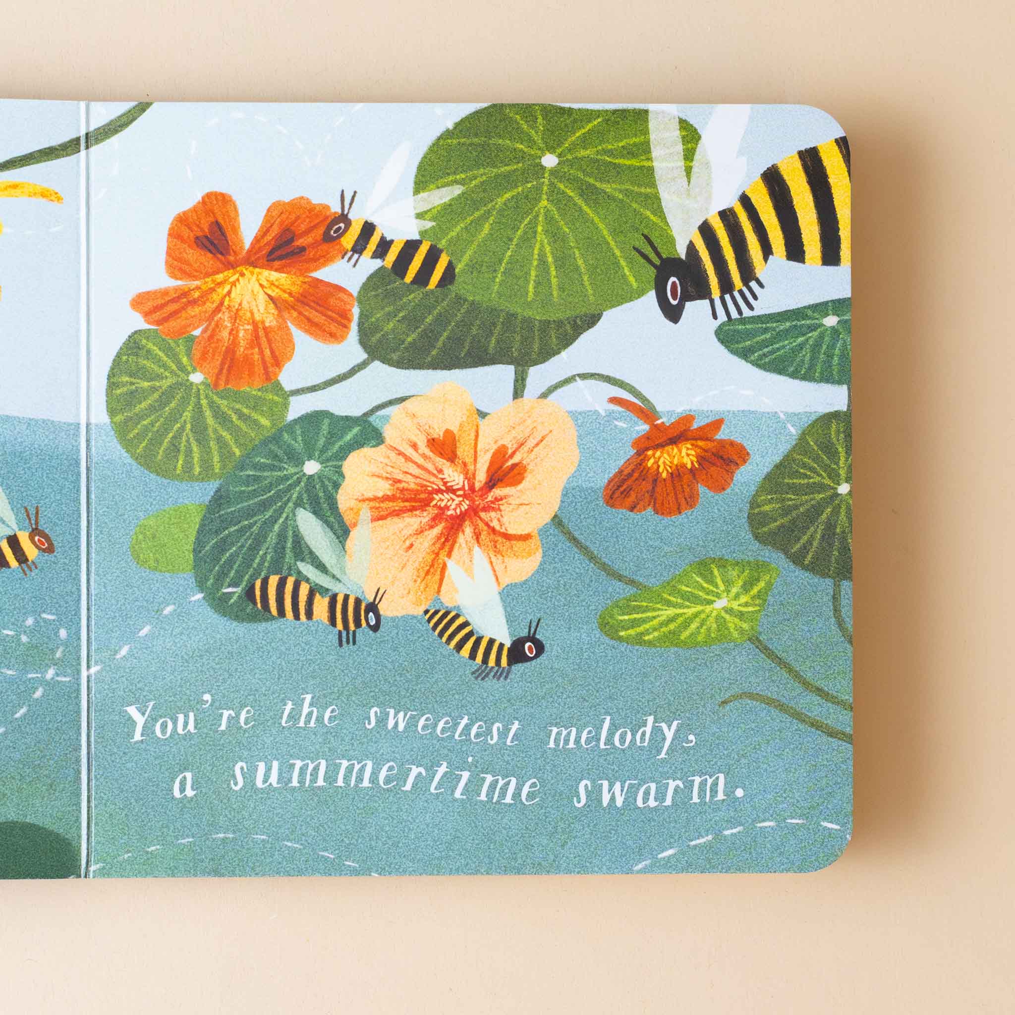 i-bug-you-board-book-inside-text-you're-the-sweetest-melody-a-summertime-swarm-with-flowers-and-bee-illustration