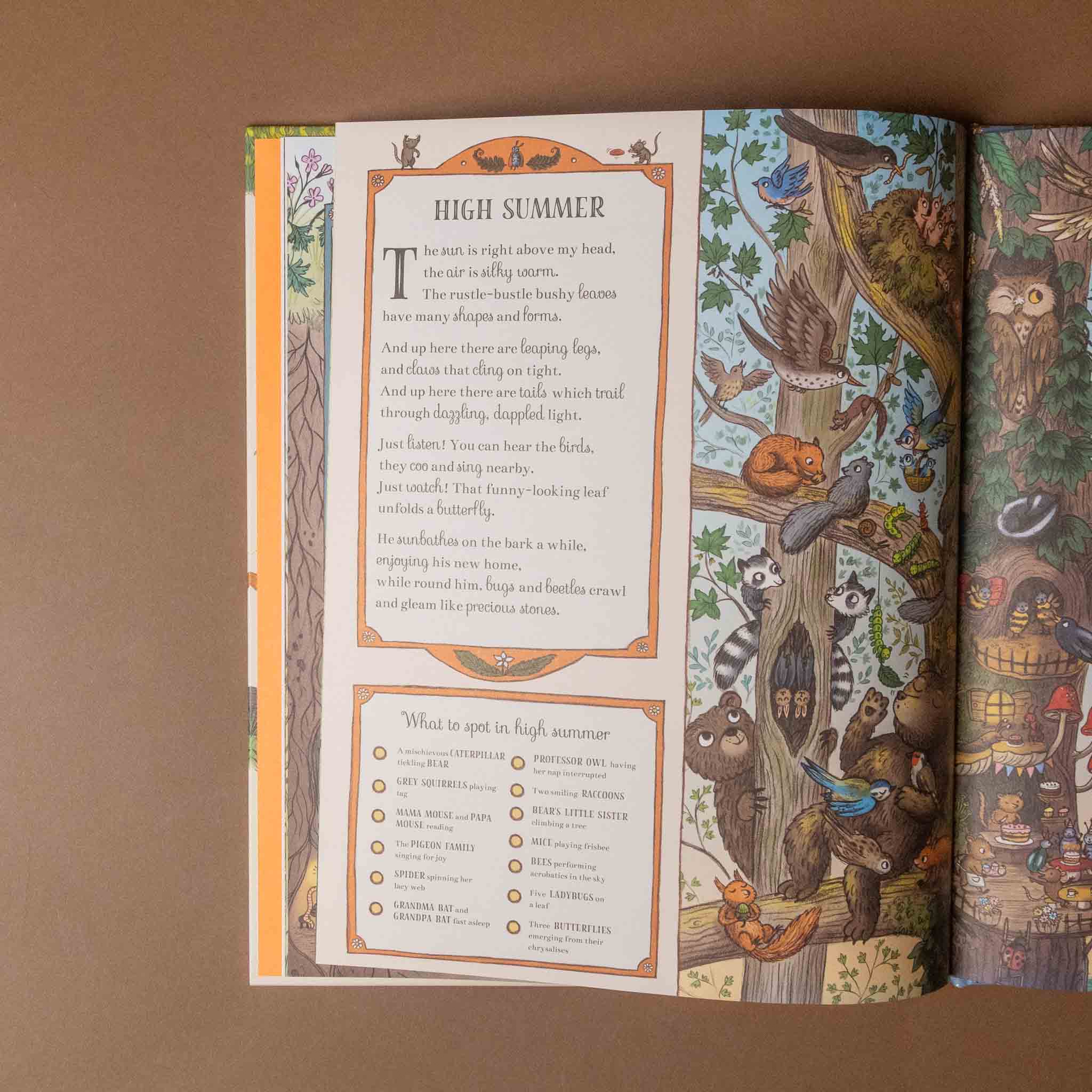 Open if-you-go-down-to-the-woods-today-seek-and-find-book with illustrated pages and text on a brown background