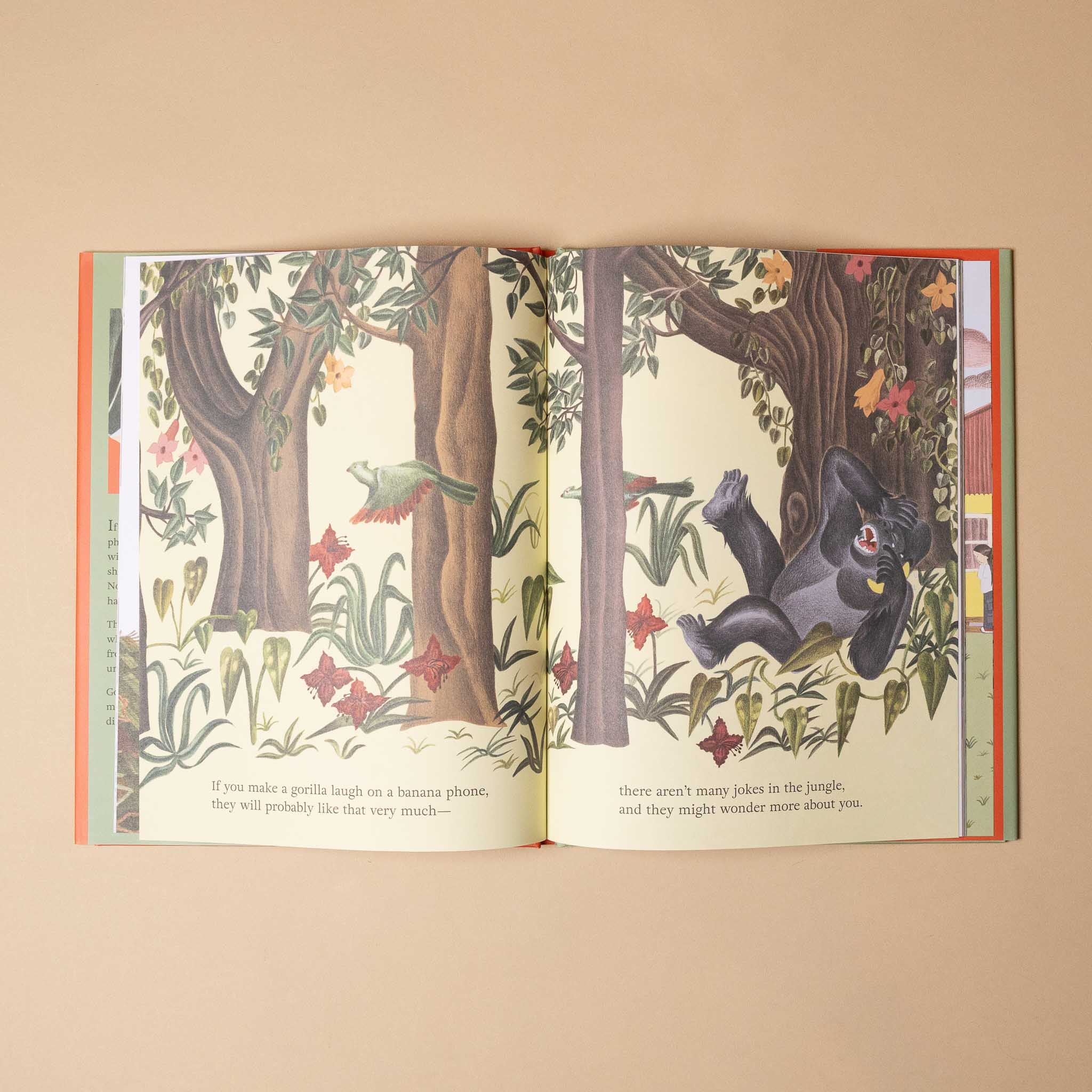 if-you-make-aacall-on-a-banana-phone-Open book with illustrations of a gorilla and trees on a beige background