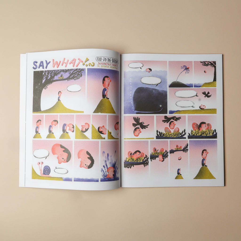 Open illustoria-magazine-issue-2-comics with colorful illustrations on a beige background