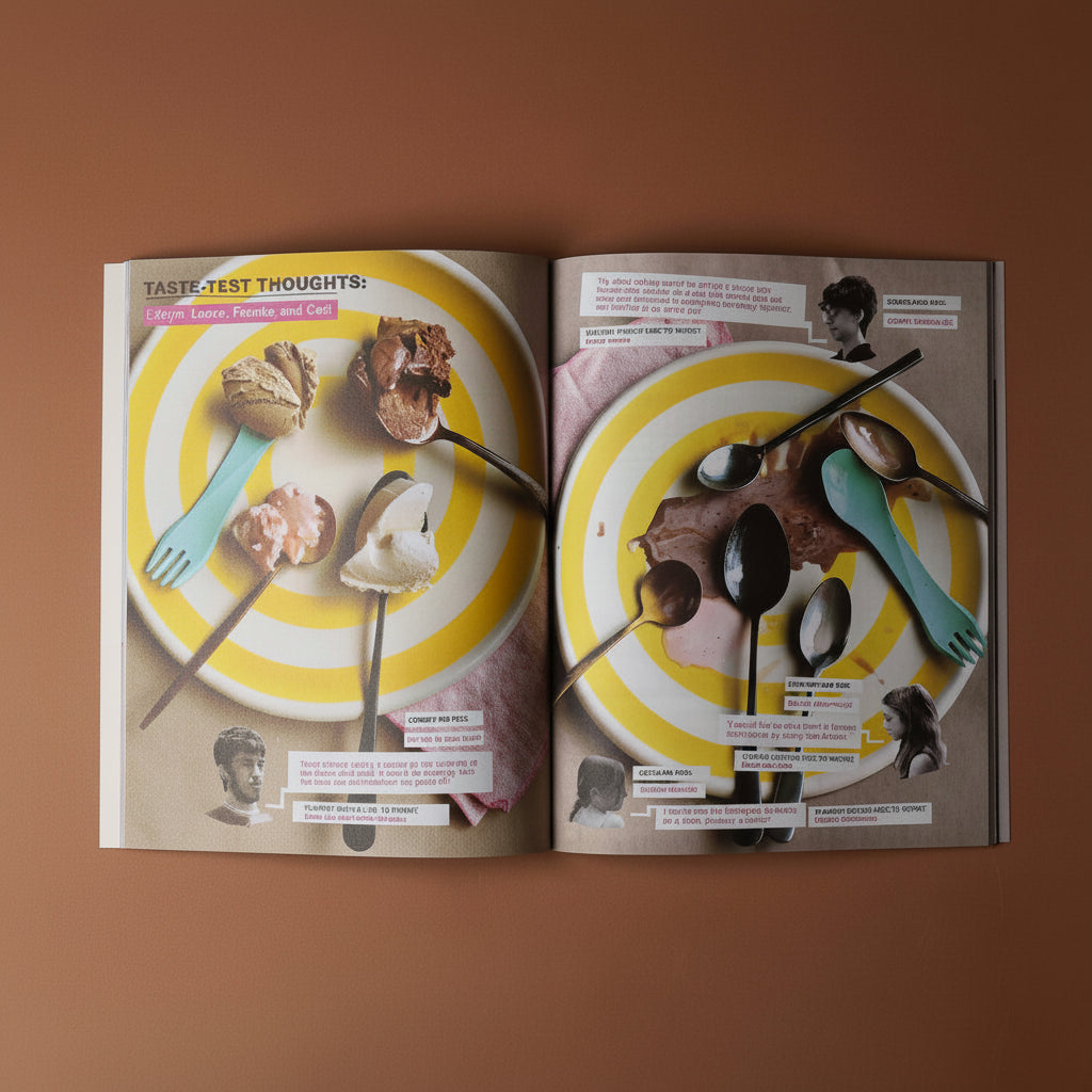 Open illustoria-magazine-issue-28-dessert with food-themed layout on a brown background