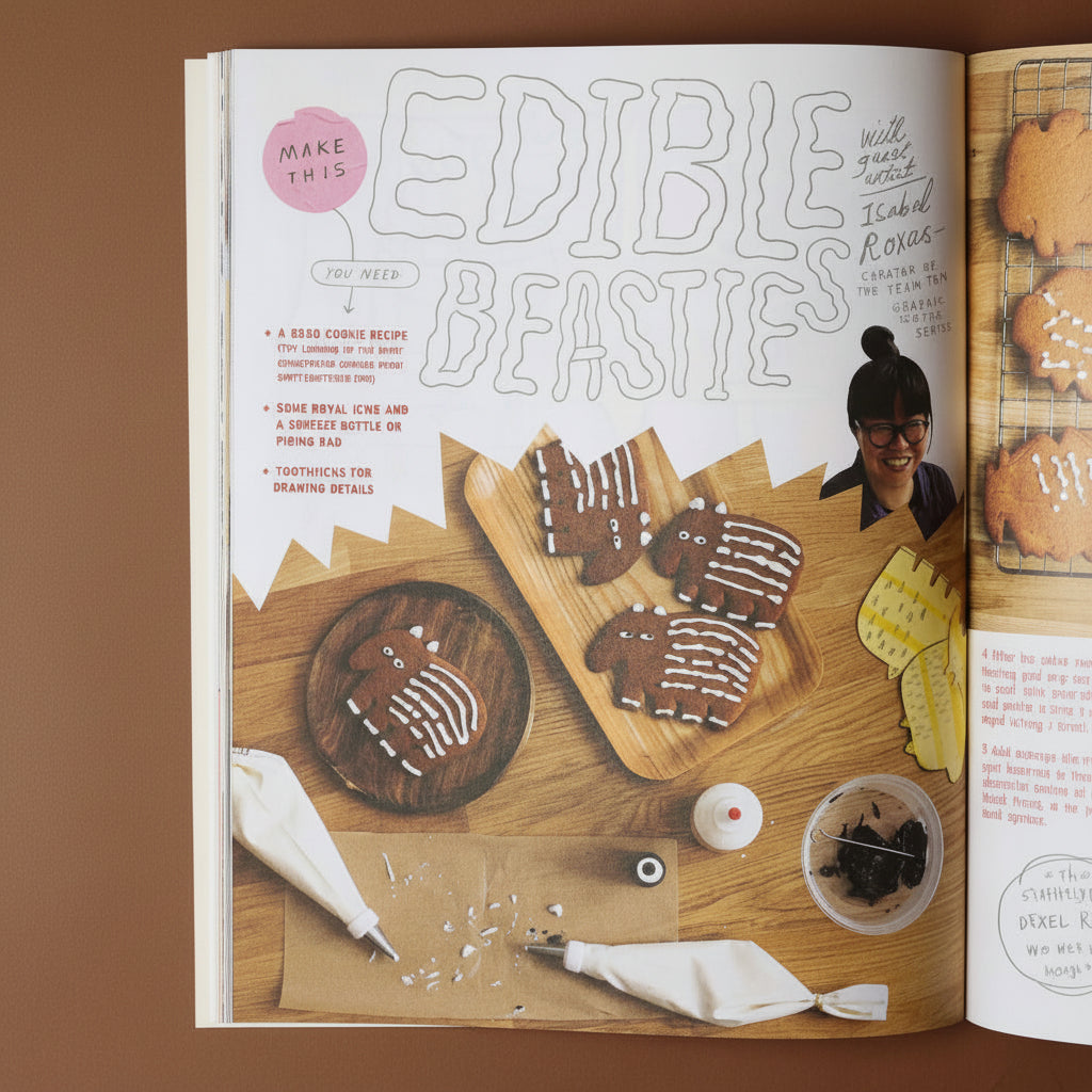Open illustoria-magazine-issue-28-dessert showing a recipe for 'Edible Beasties' with illustrations of cookies on a wooden board.