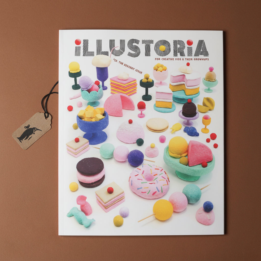 Magazine cover titled 'Illustroria' with colorful illustrations of desserts on a brown background