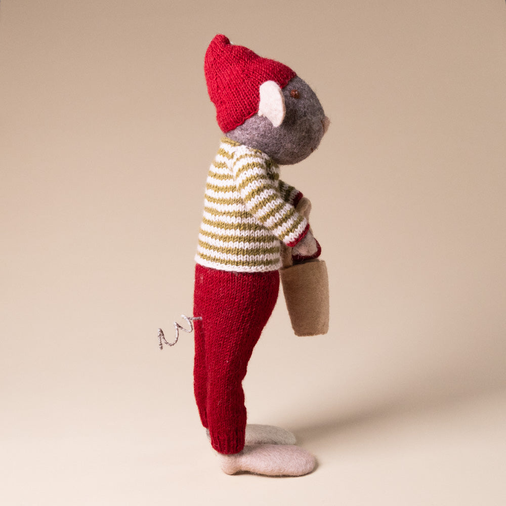 jumbo-felted-grey-mouse-ornament-green-stripe-sweater-and-mushroom-bucket-side