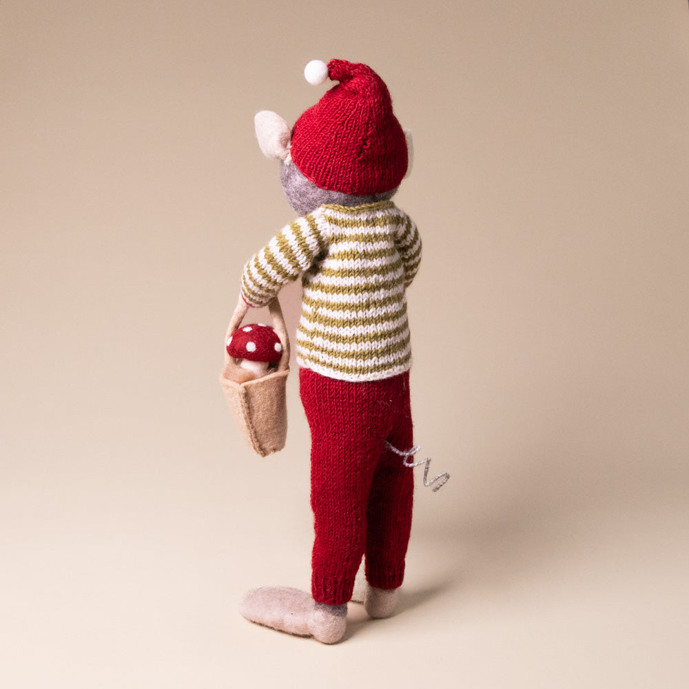 jumbo-felted-grey-mouse-ornament-green-stripe-sweater-and-mushroom-bucket-back