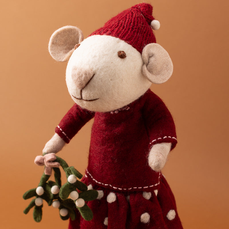 jumbo-felted-white-mouse-red-spot-dress-with-mistletoe