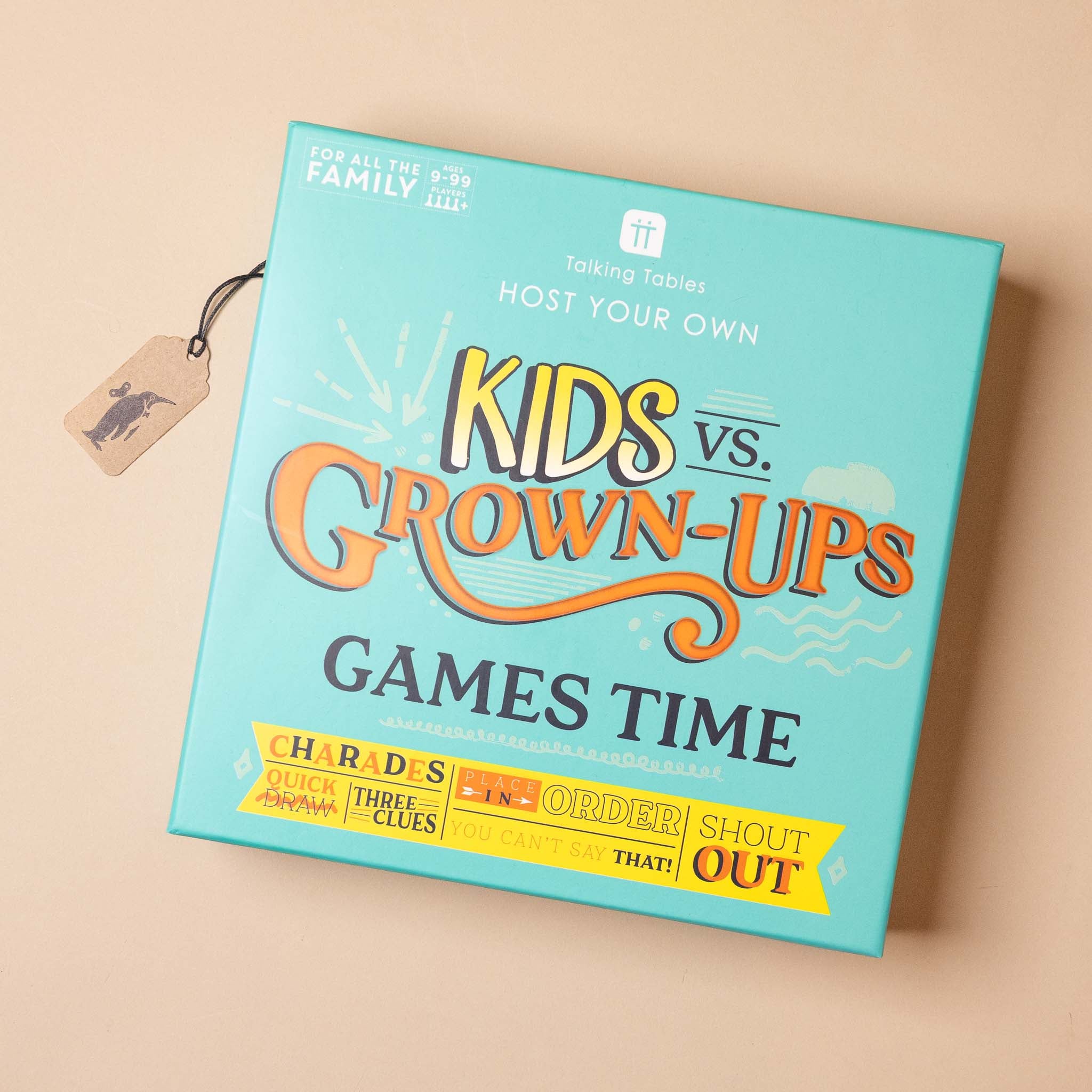 Board game box titled 'Kids vs. Grown-Ups: Games Time' on a beige background