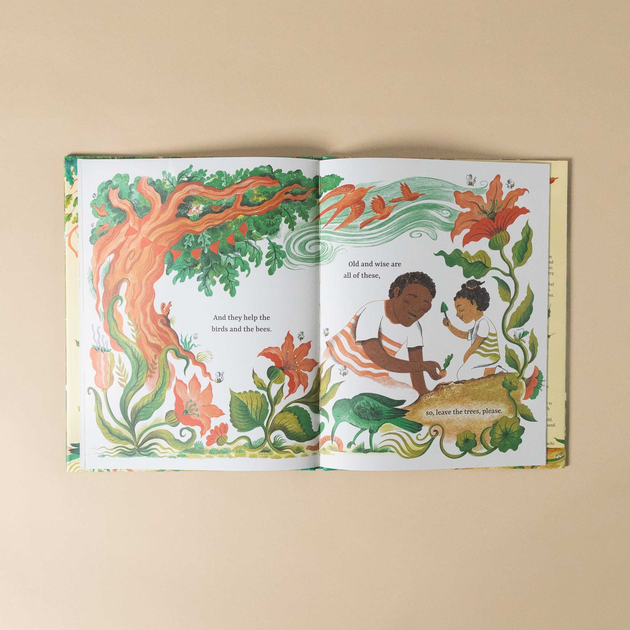 Open book with colorful illustrations of children and nature on a beige background