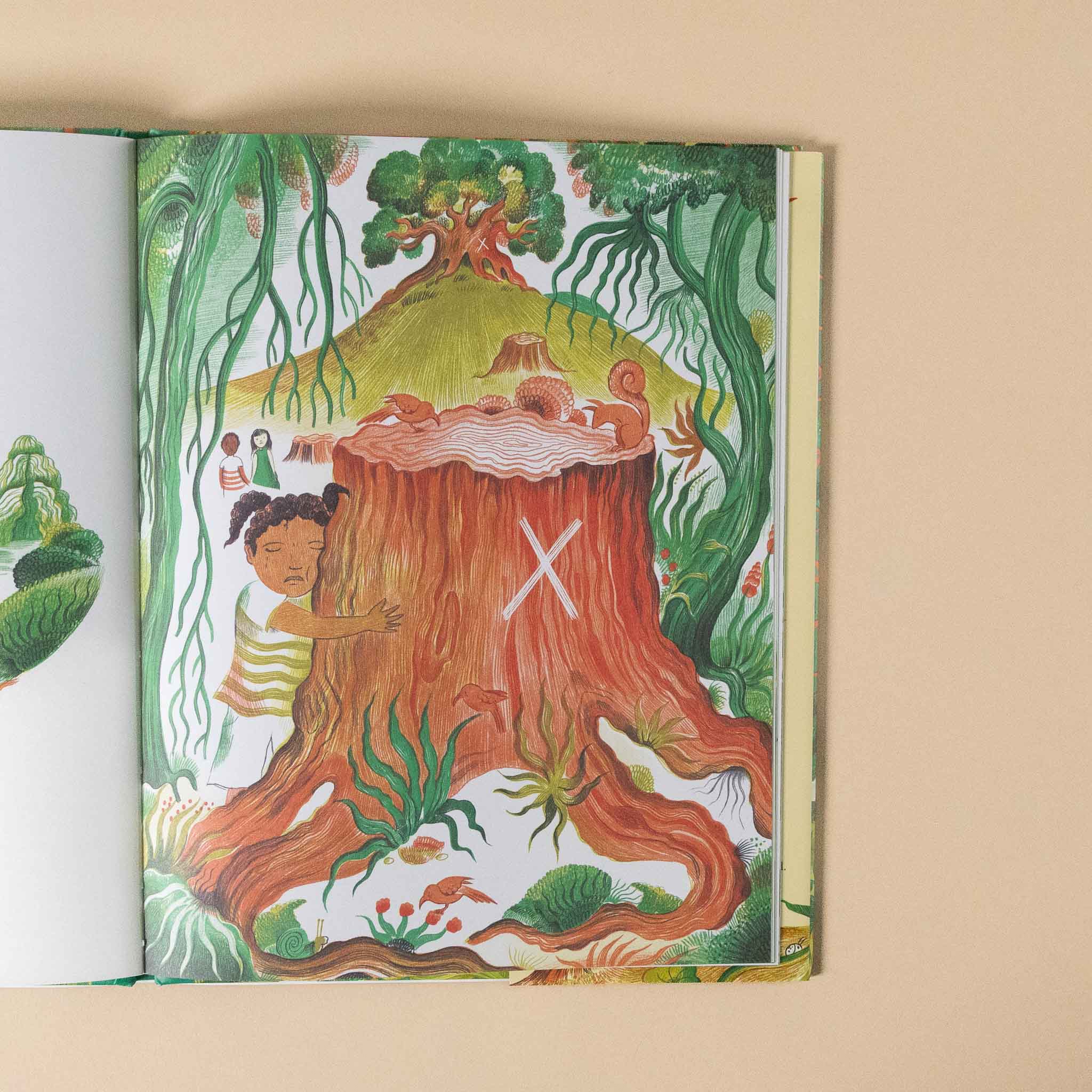 Illustration of a child hugging a tree stump with greenery around on a beige background