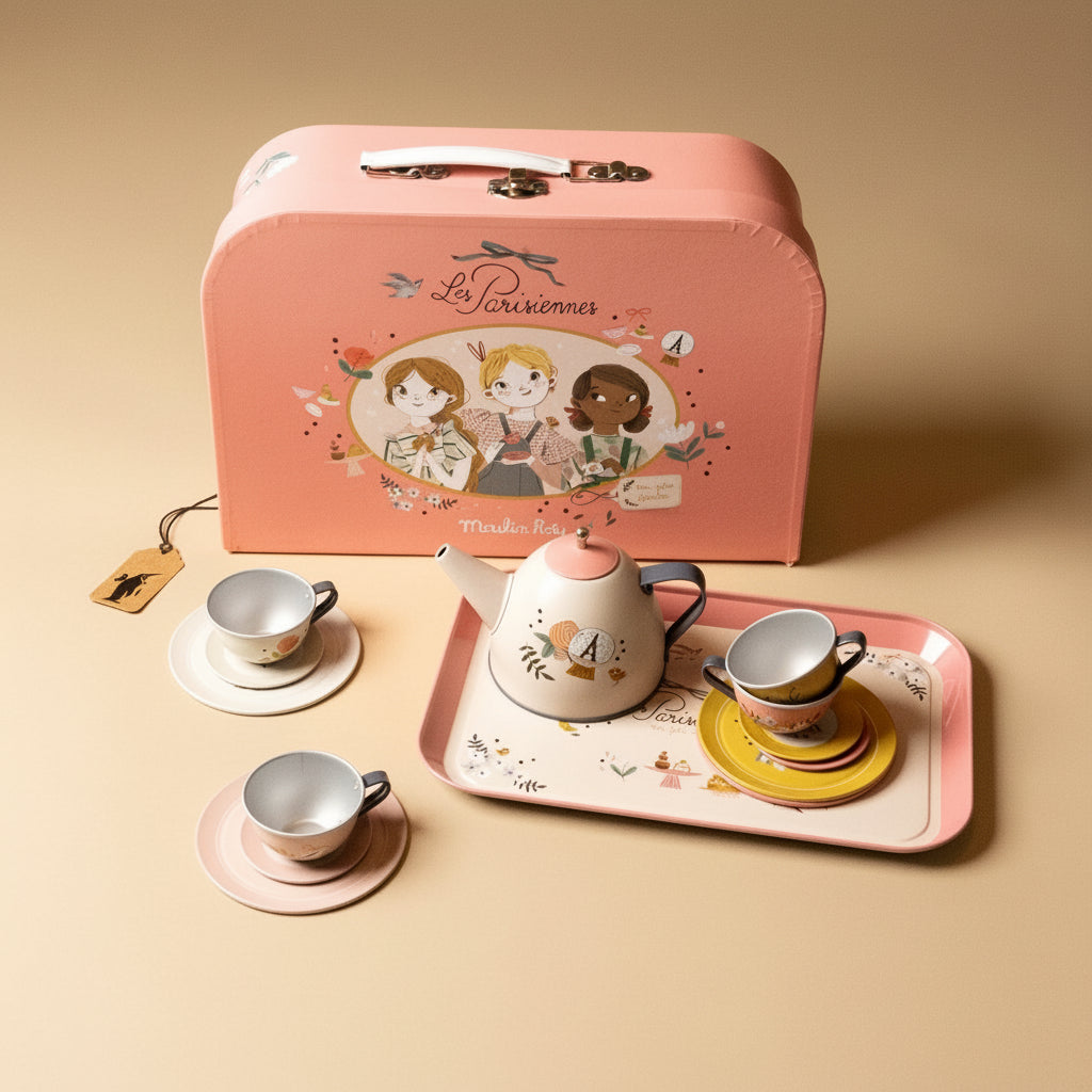 les-amis-parisienne-tea-set-with pink suitcase-4-cups-4-saucers-4-plates-one-tea-pot-one-tray