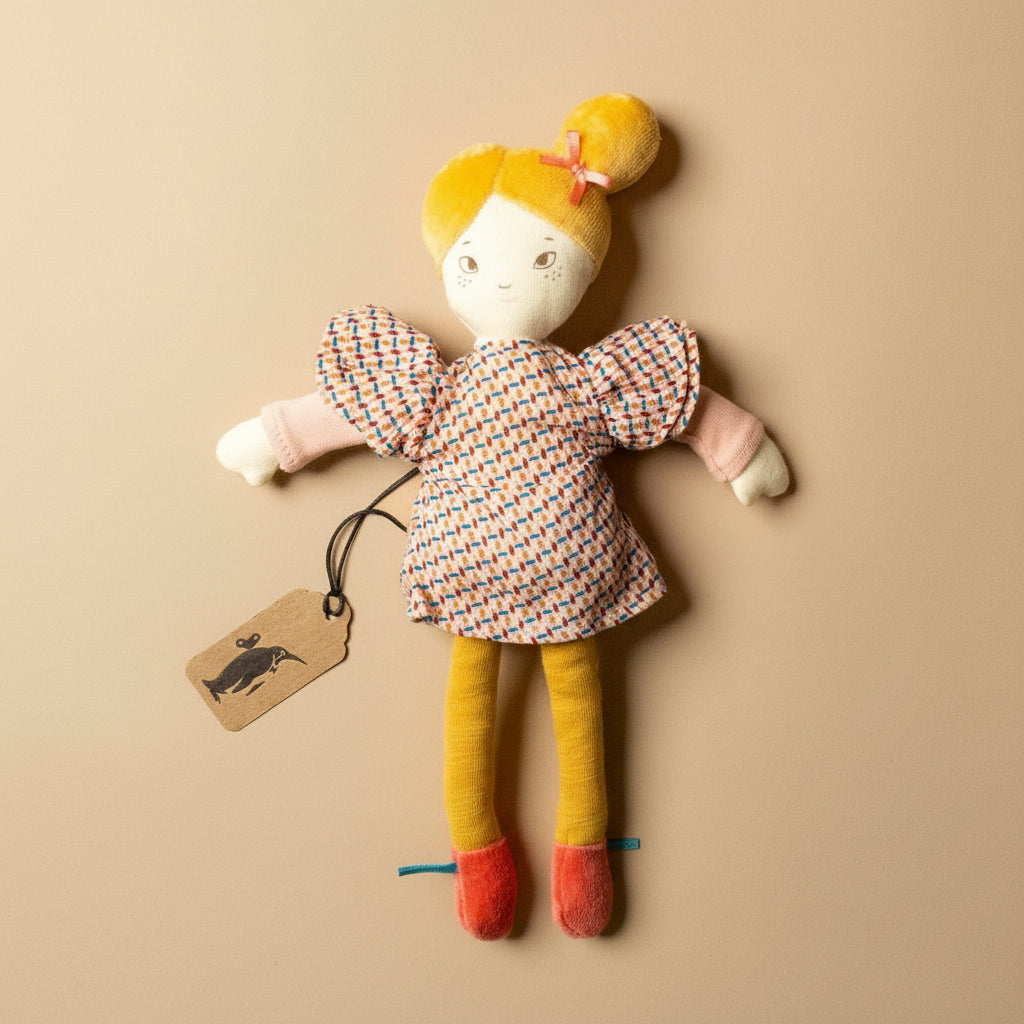 les-parisiennes-petite-agathe-doll-yellow-velvet-hair-and-leggings-patterned-dress-pink-hair-bow