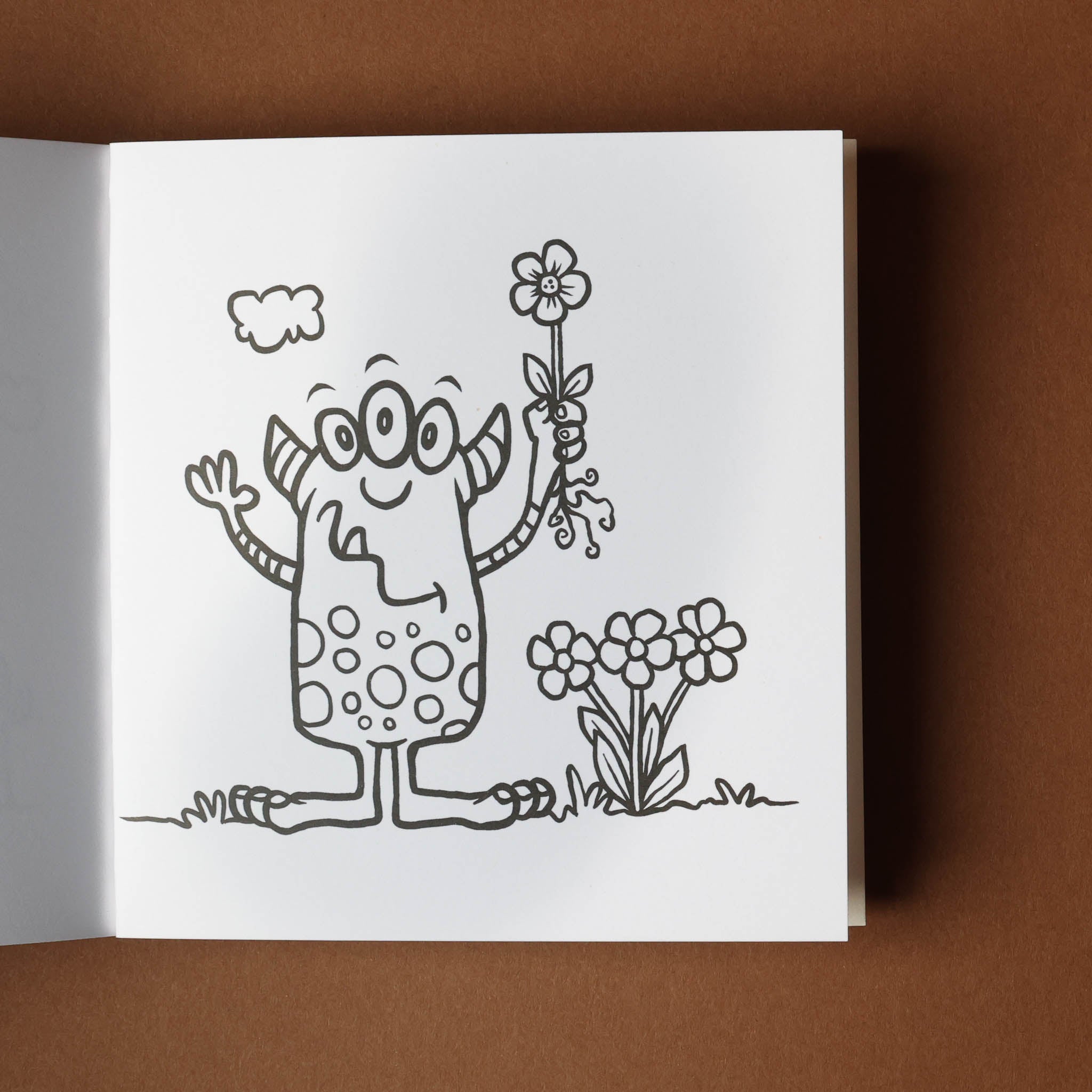 Illustration of a cartoon character holding a flower on a white background with a brown border.