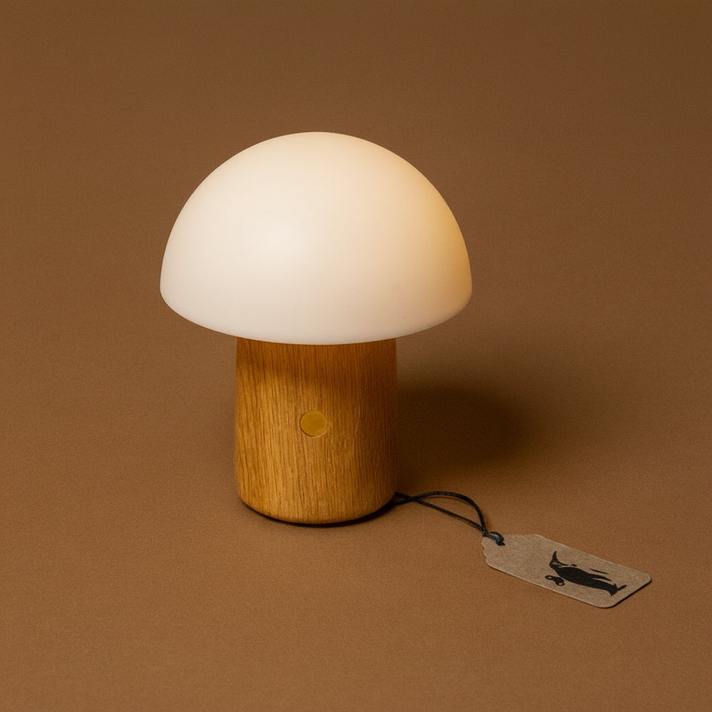 little-wooden-mushroom-lamp-ash with wooden base on a brown background