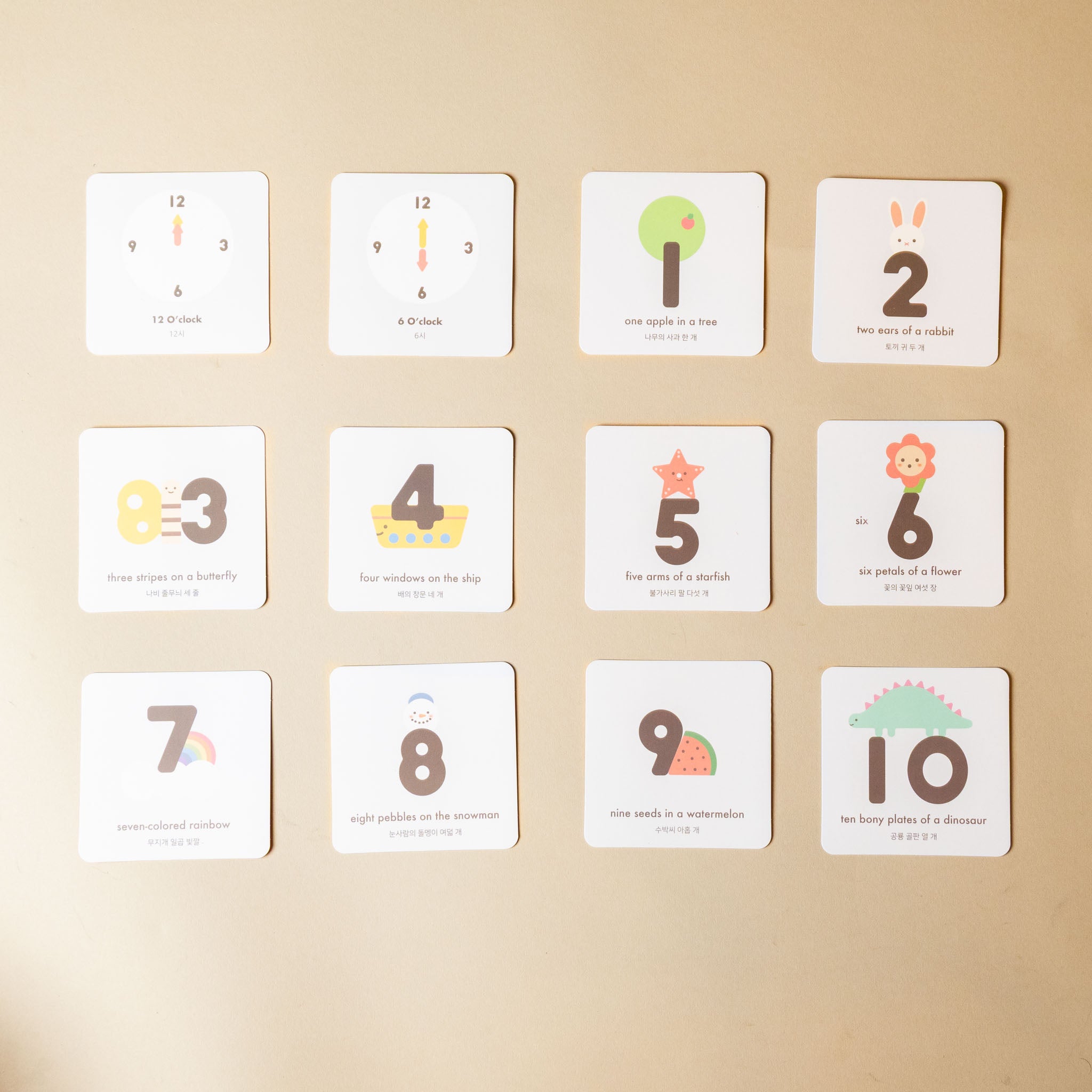 magnetic-numbers-play-set educational cards with numbers and corresponding illustrations on a beige background