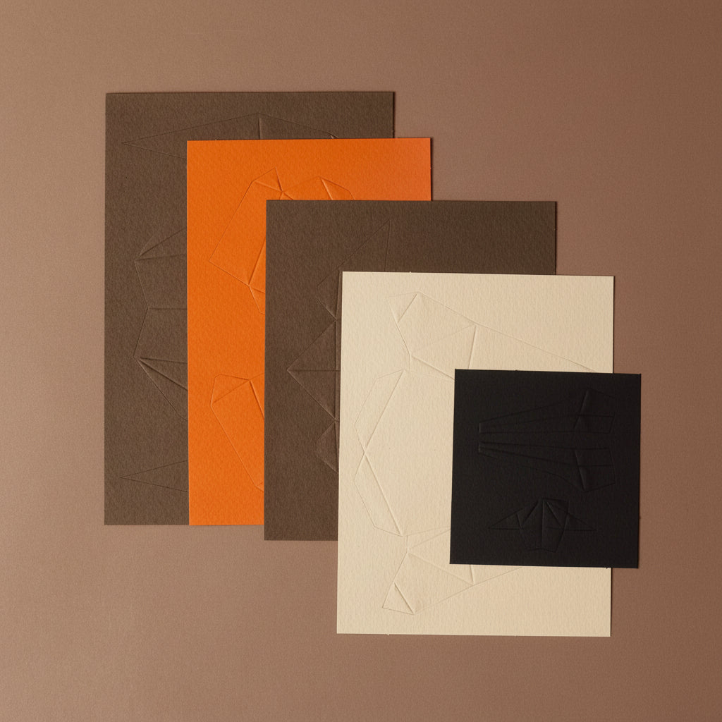 Set of five rectangular paper samples in different colors on a brown background