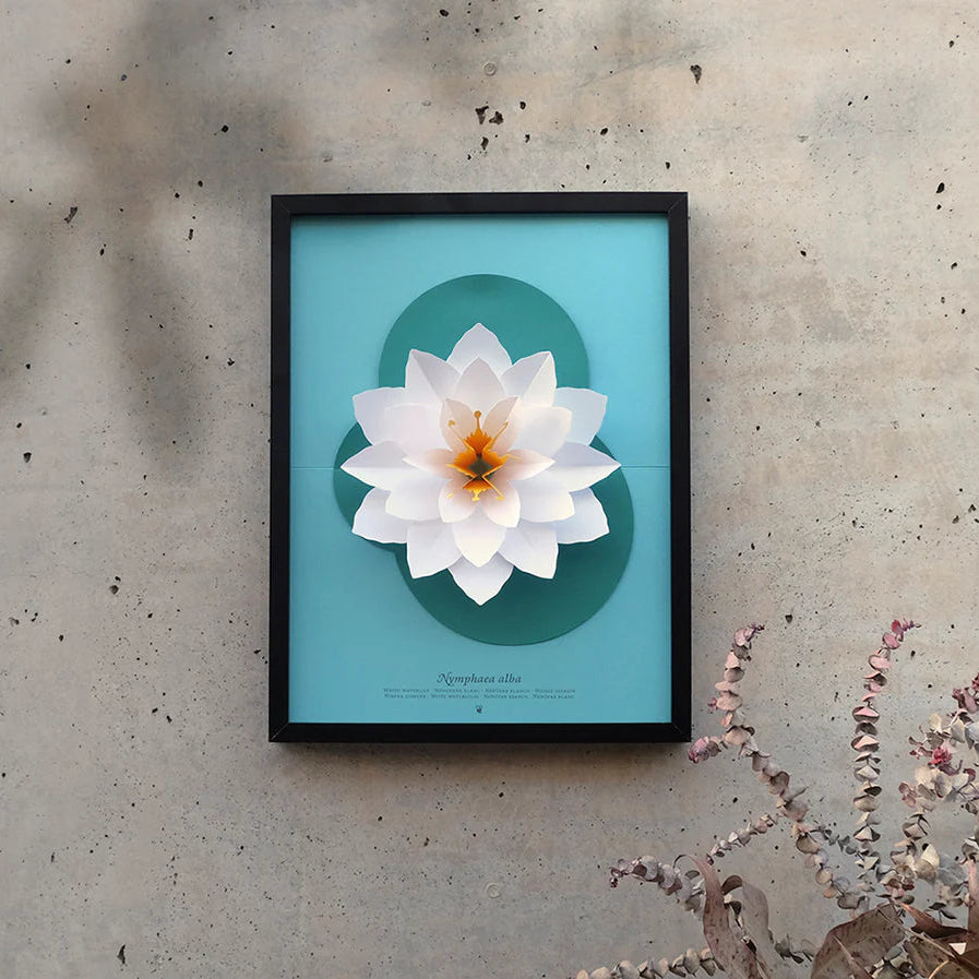 Framed artwork of a white flower on a teal background against a textured wall.