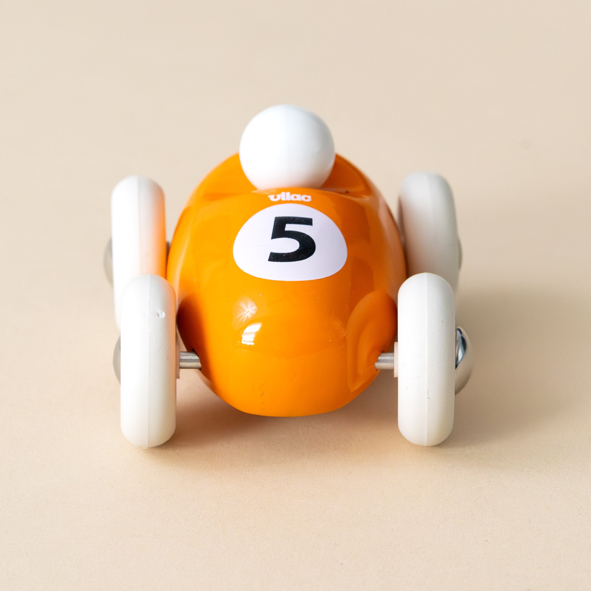 miniature-wooden-roadster-orange-white-wheels-number-5-front