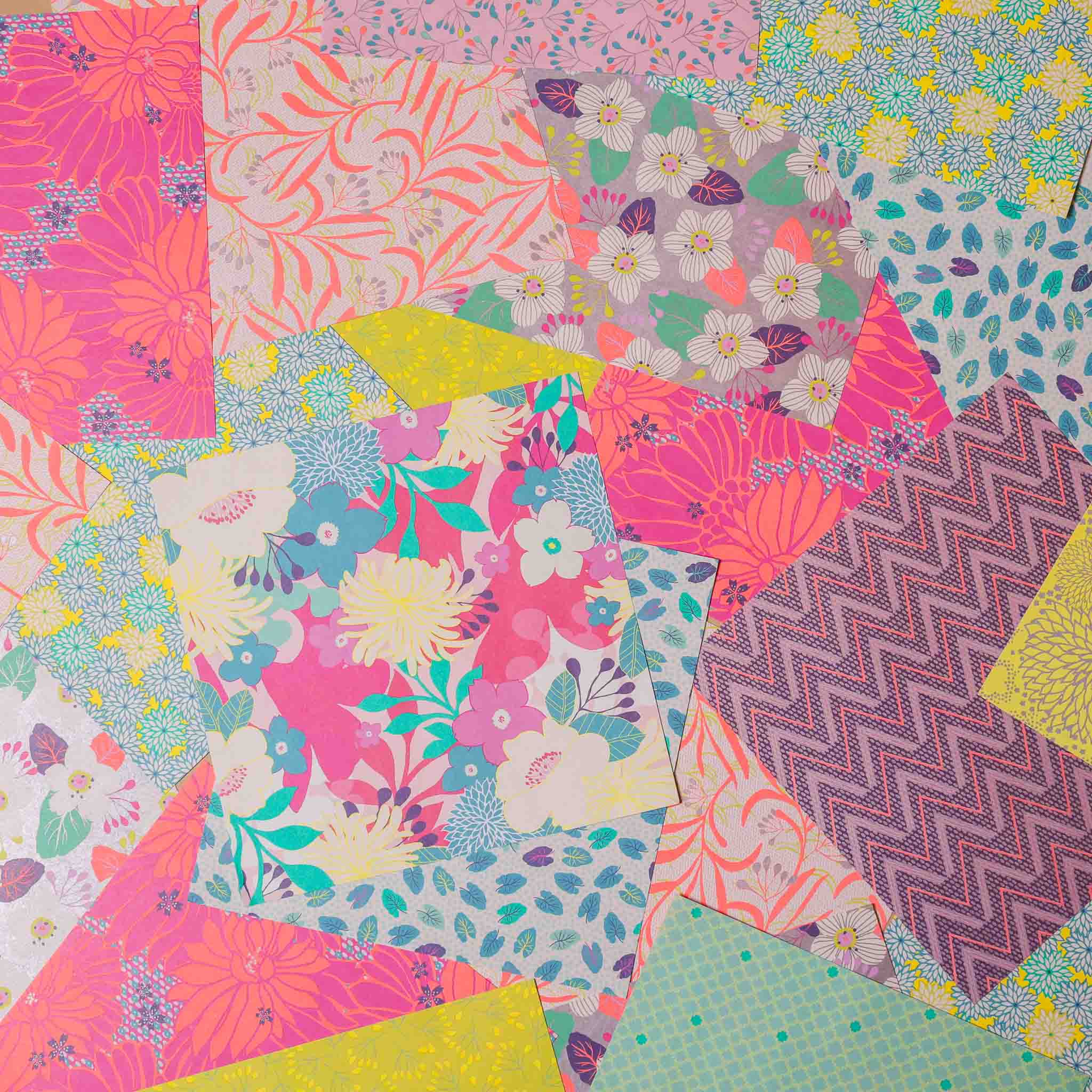 Colorful patchwork mon-petit-origami-kit-violet with various patterns