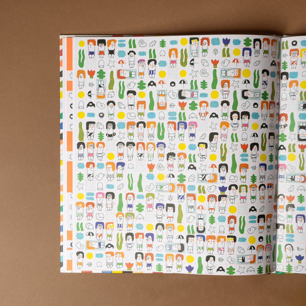 mr-search-and-mrs-find Patterned paper with cartoon characters and objects on a brown background