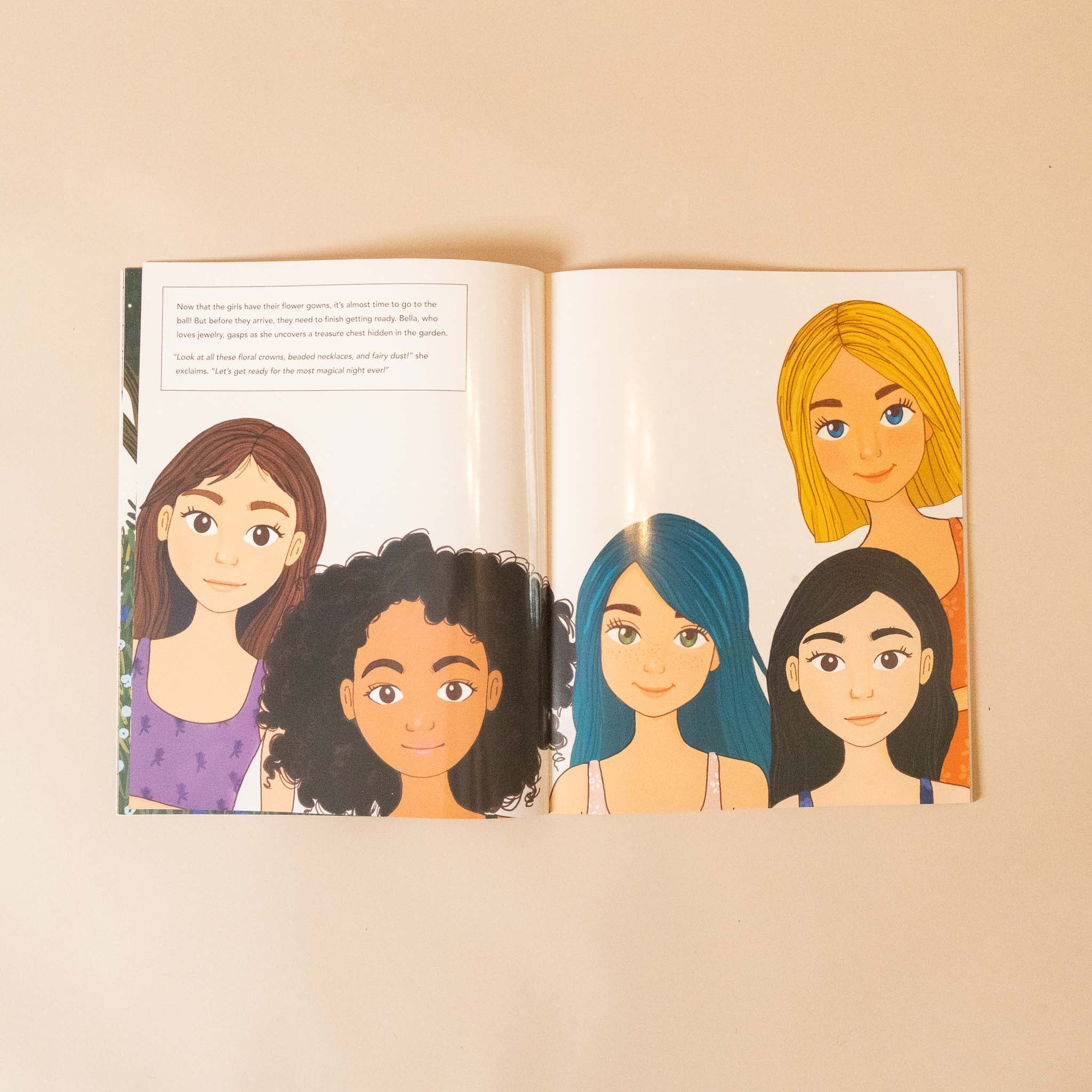 my-sticker-storybook-fairies-and-unicorns Open book showing illustrations of five diverse women on a beige background