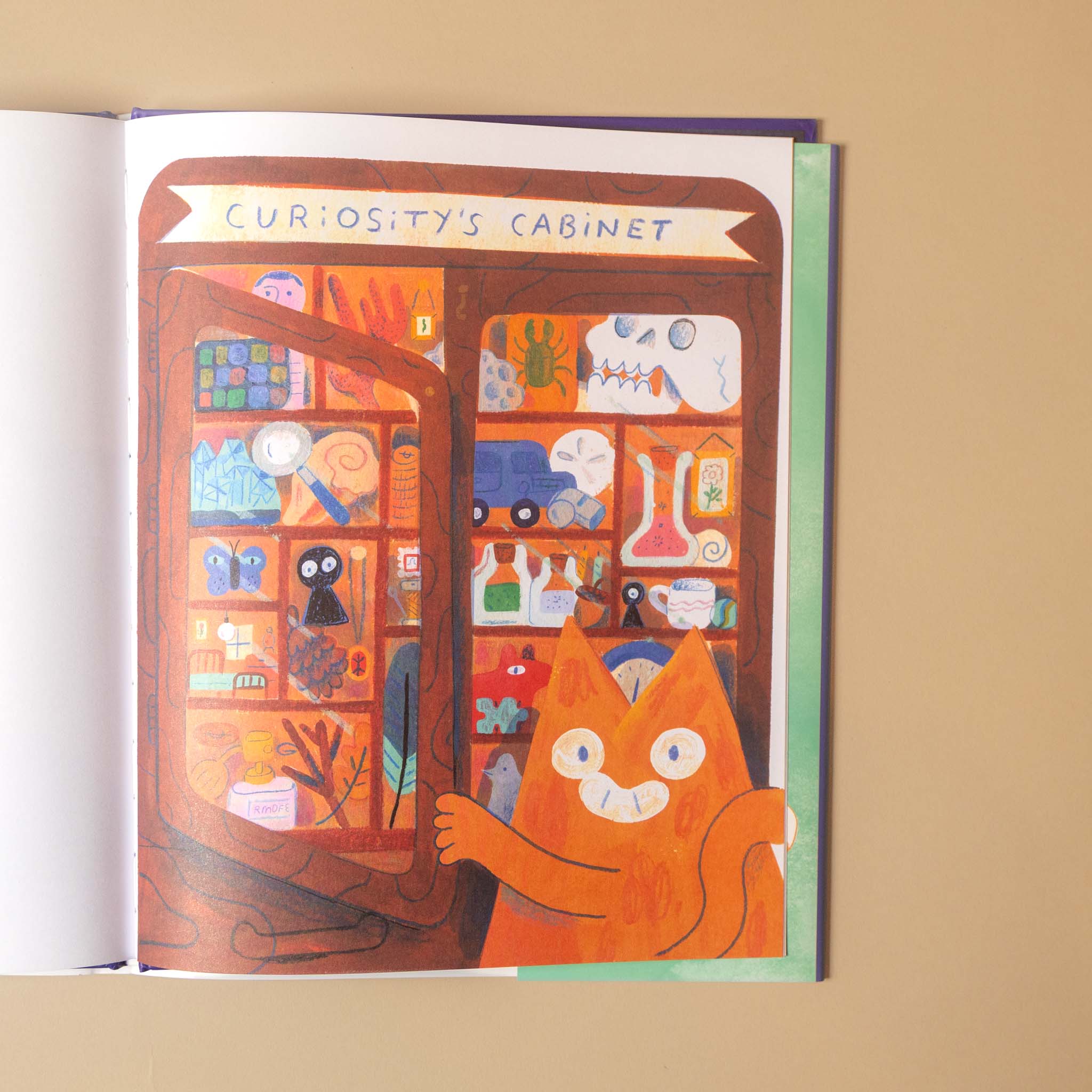An open children's book showing a colorful illustration titled 'CURIOSITY'S CABINET' with an orange cat reaching into a cabinet full of small objects, photographed against a beige background.