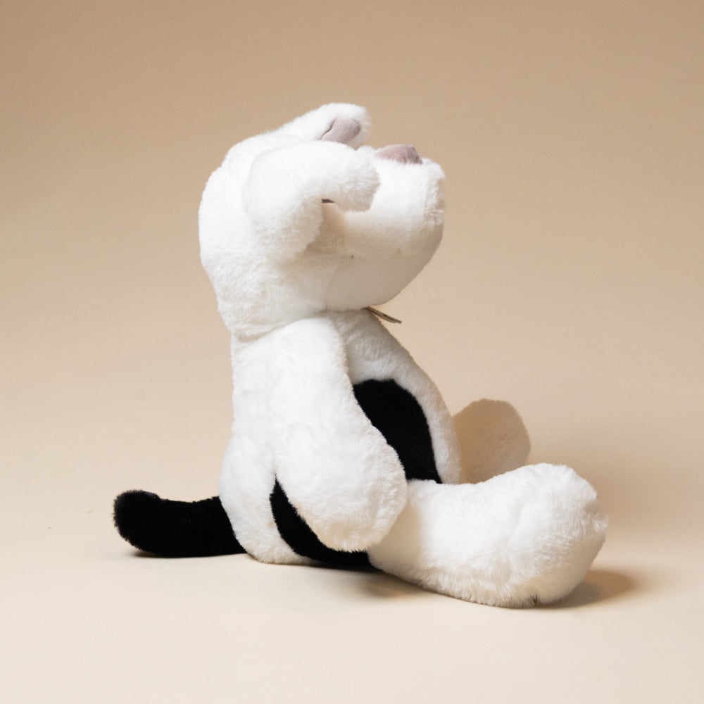 Plush noopy-dog toy sitting on a beige background