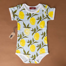 Load image into Gallery viewer, short-sleeve-onesie-in-light-blue-with-yellow-lemons-and-green-leafs