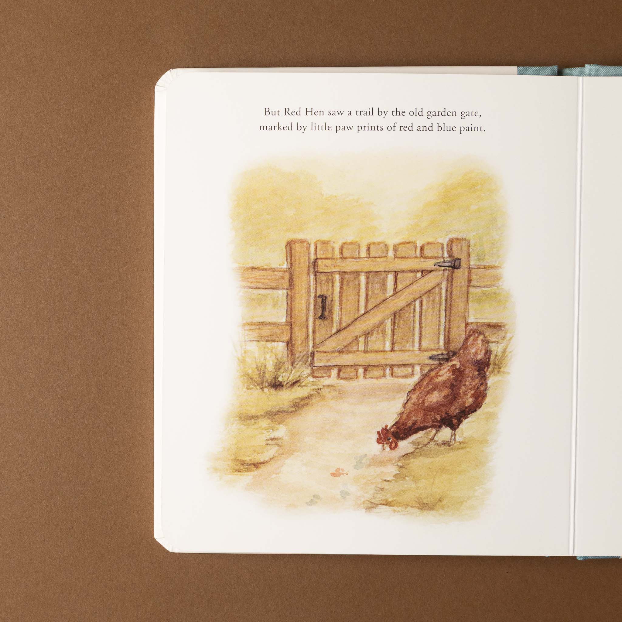 our-little-adventures-at-easter-board-book Illustration of a hen near a wooden gate on a book page.