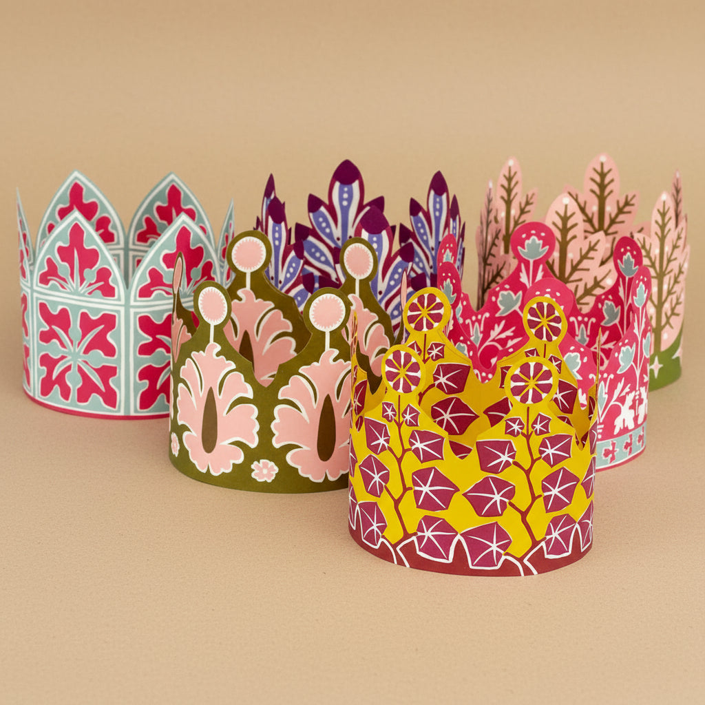 Set of colorful paper crowns with floral patterns on a white background