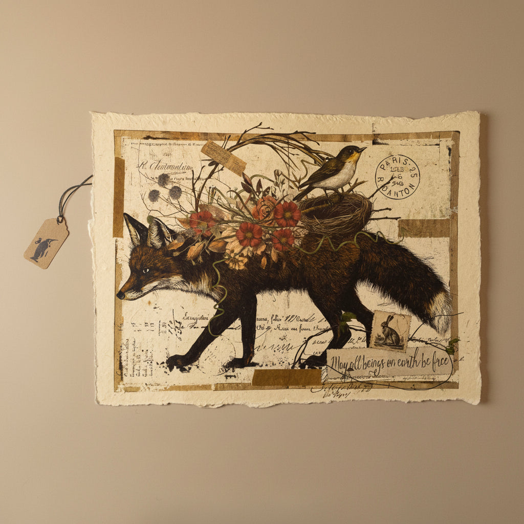 paper-print-all-beings with a fox, flowers, and birds on a textured background