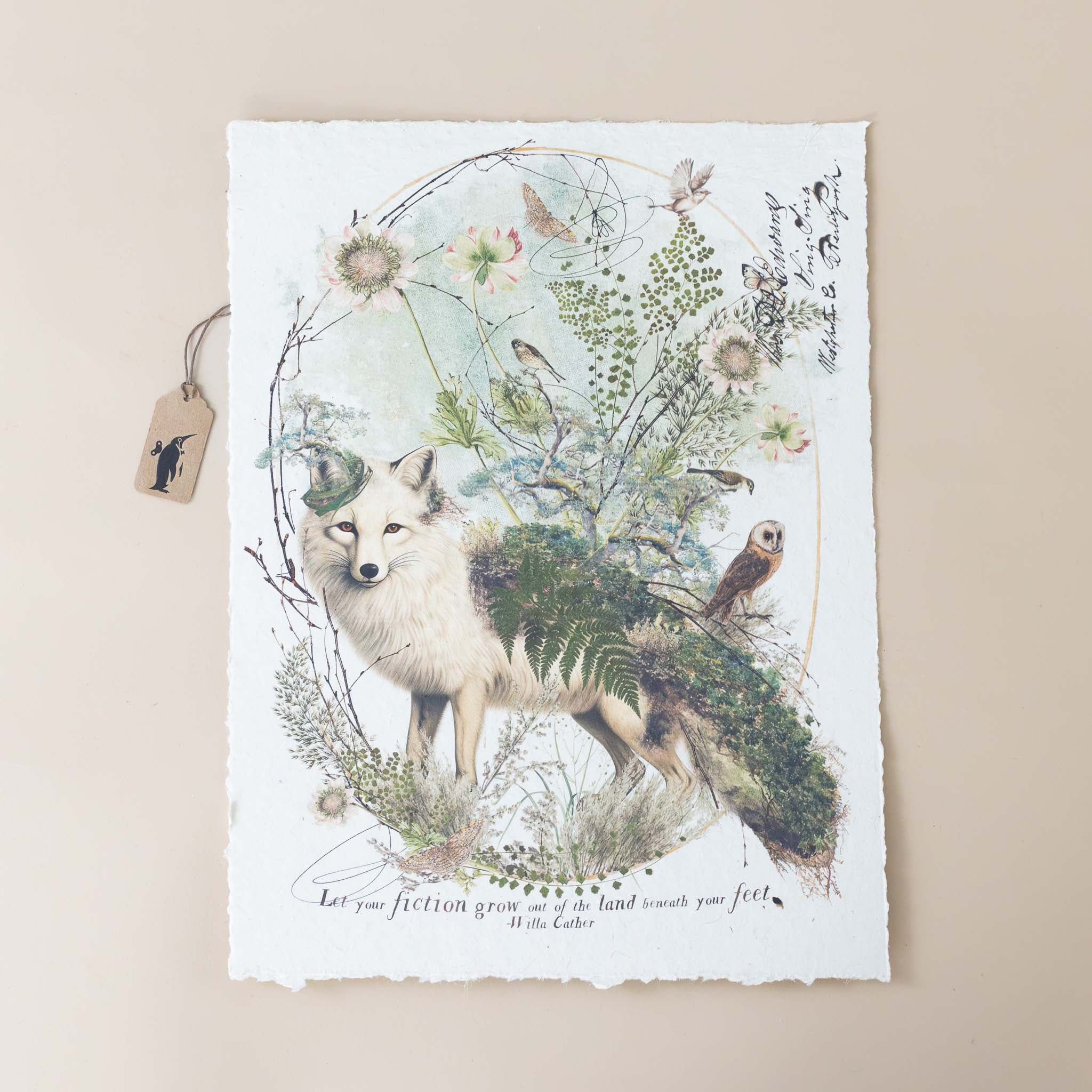 paper-print-beneath-your-feet-image-of-white-wolf-and-owl-surrounded-by-ferns-and-foliage-with-script-text-in-antique-style