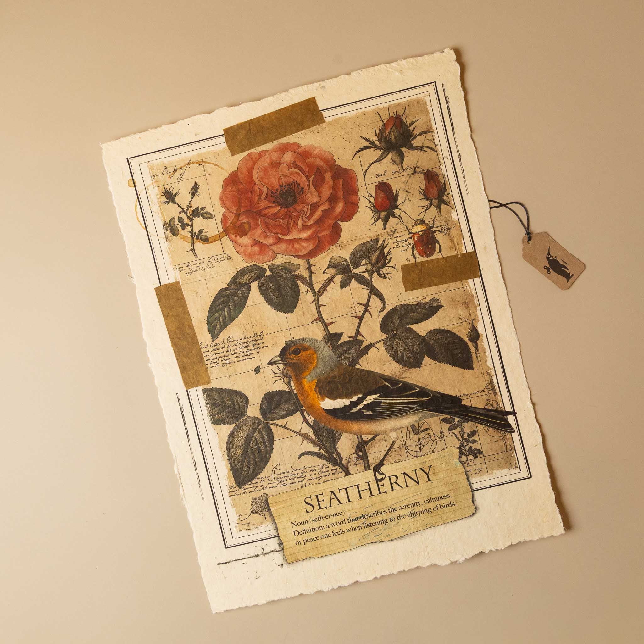 paper-print-seatherny with vintage-style illustration of a rose, bird, and text on a beige background