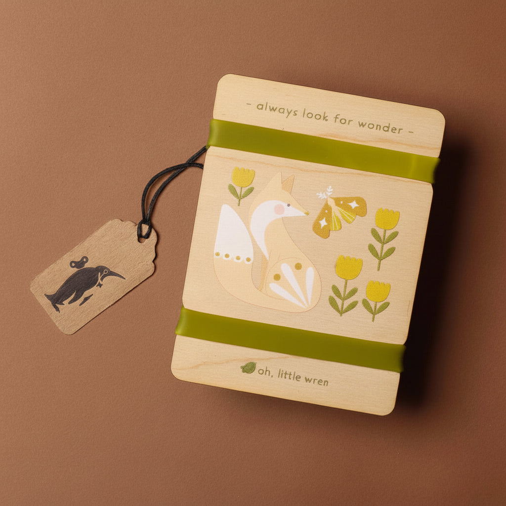 petite-wooden-flower-press-fox with fox and flower illustrations on a brown background