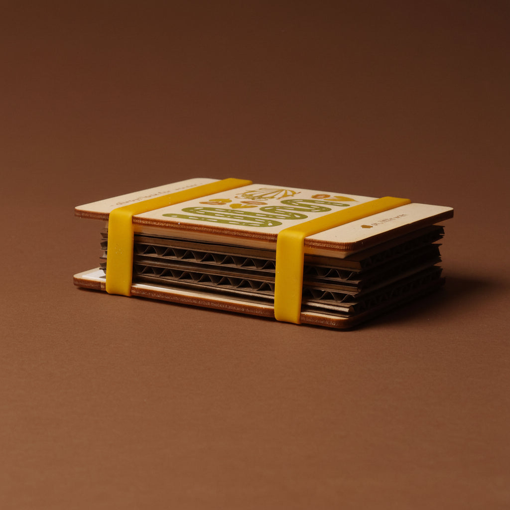 petite-wooden-flower-press-snake bound with a yellow ribbon on a brown background
