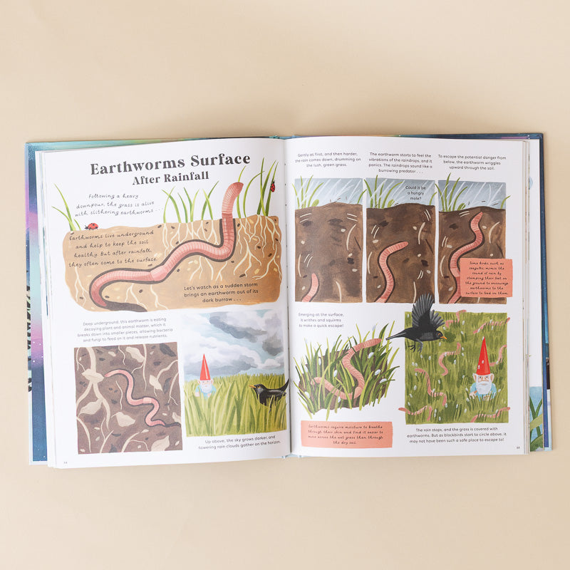 An open children's educational book showing a colorful cross-section diagram titled 'Earthworms Surface After Rainfall,' with illustrations of worms in soil, grass, and rain scenes on a beige background.
