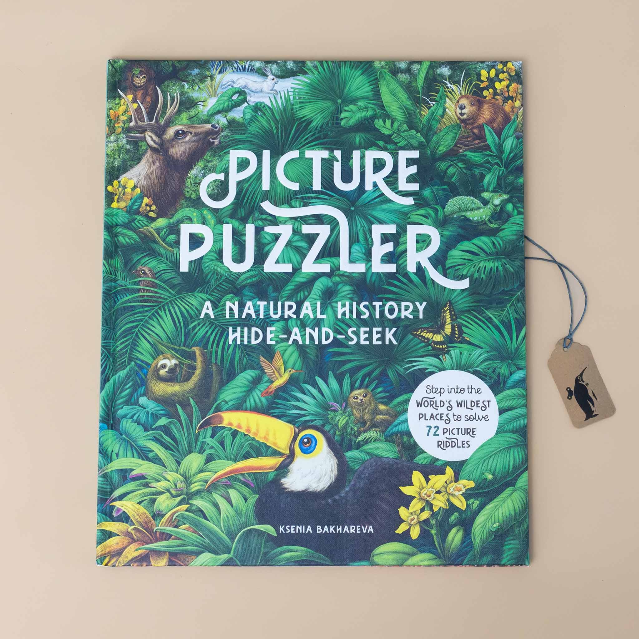 Analyzing image picture-puzzler-a-natural-history-hide-and-seek-cover-with-a-variety-of-animals-surrounded-by-fauna-butterfly-toucan-sloth-deer-hummingbird-beaver