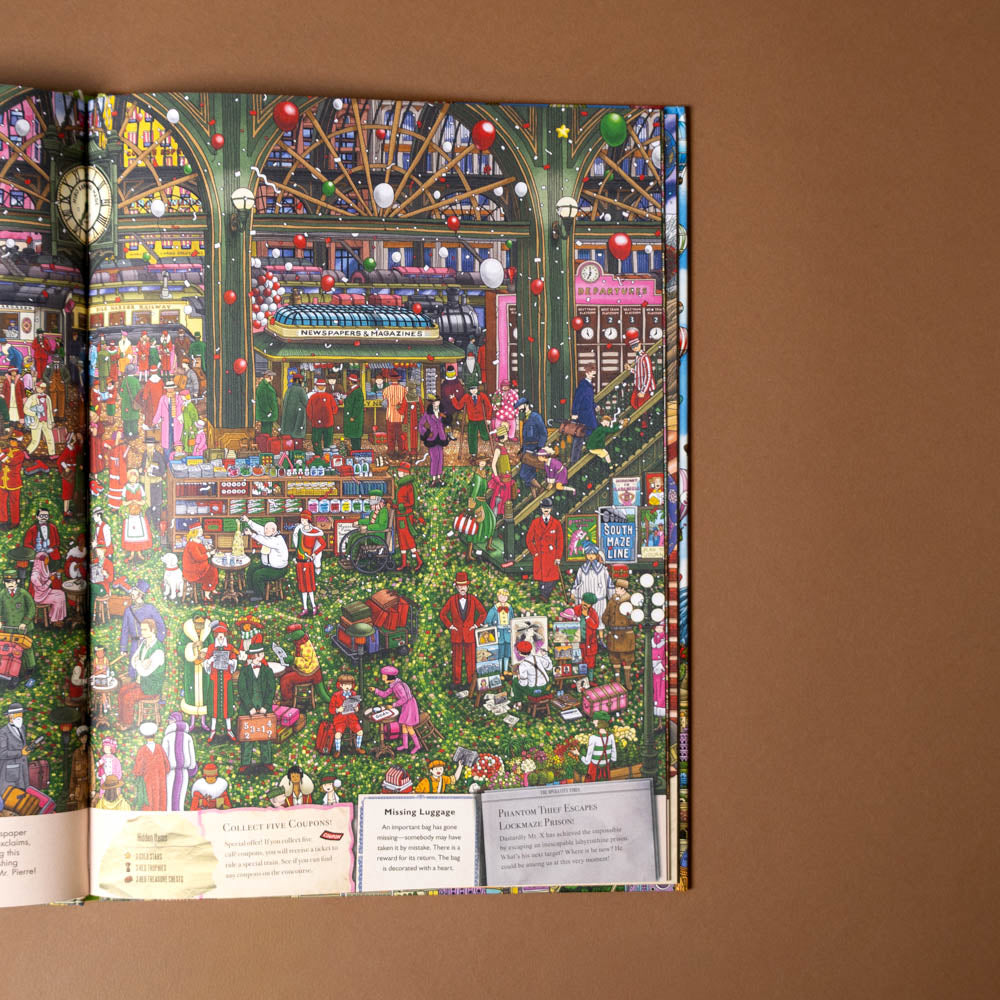 pierre-the-maze-detective-the-hunt-for-the-maze-pyramid Illustrated book page with a colorful scene of people in a market setting on a brown background.