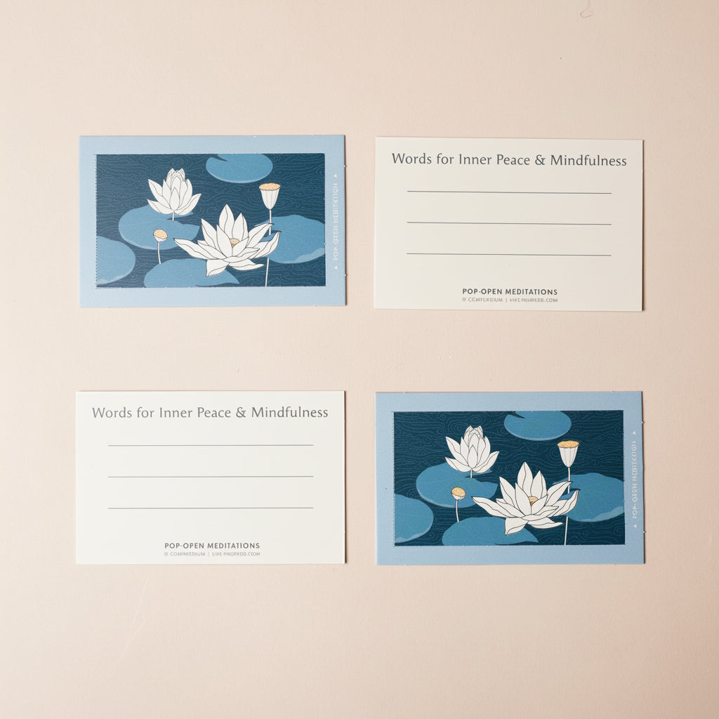 Set of cards with lotus flower designs and text on a beige background