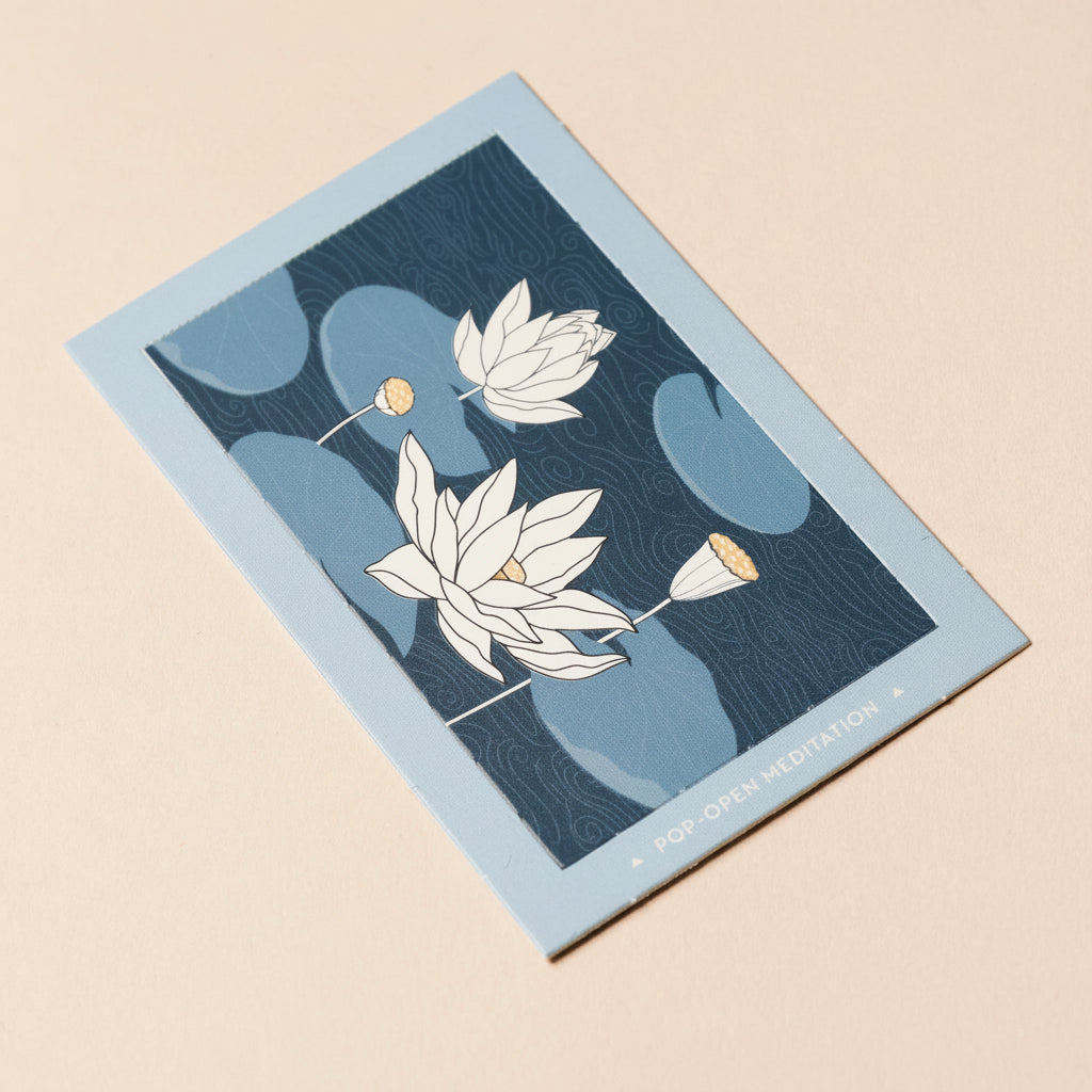 pop-open-meditations card with floral design on a beige background