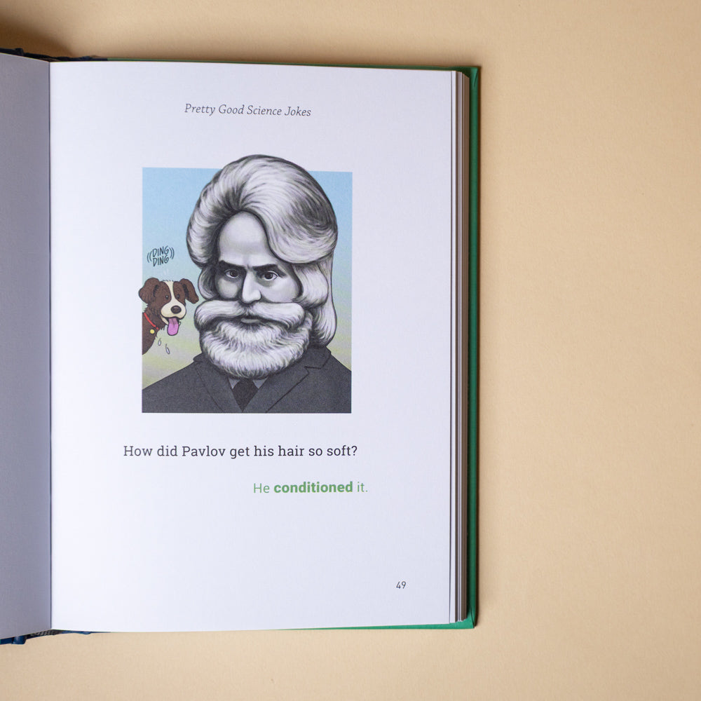 pretty-good-science-jokesOpen book with a cartoon illustration of a scientist and a joke about Pavlov on a beige background