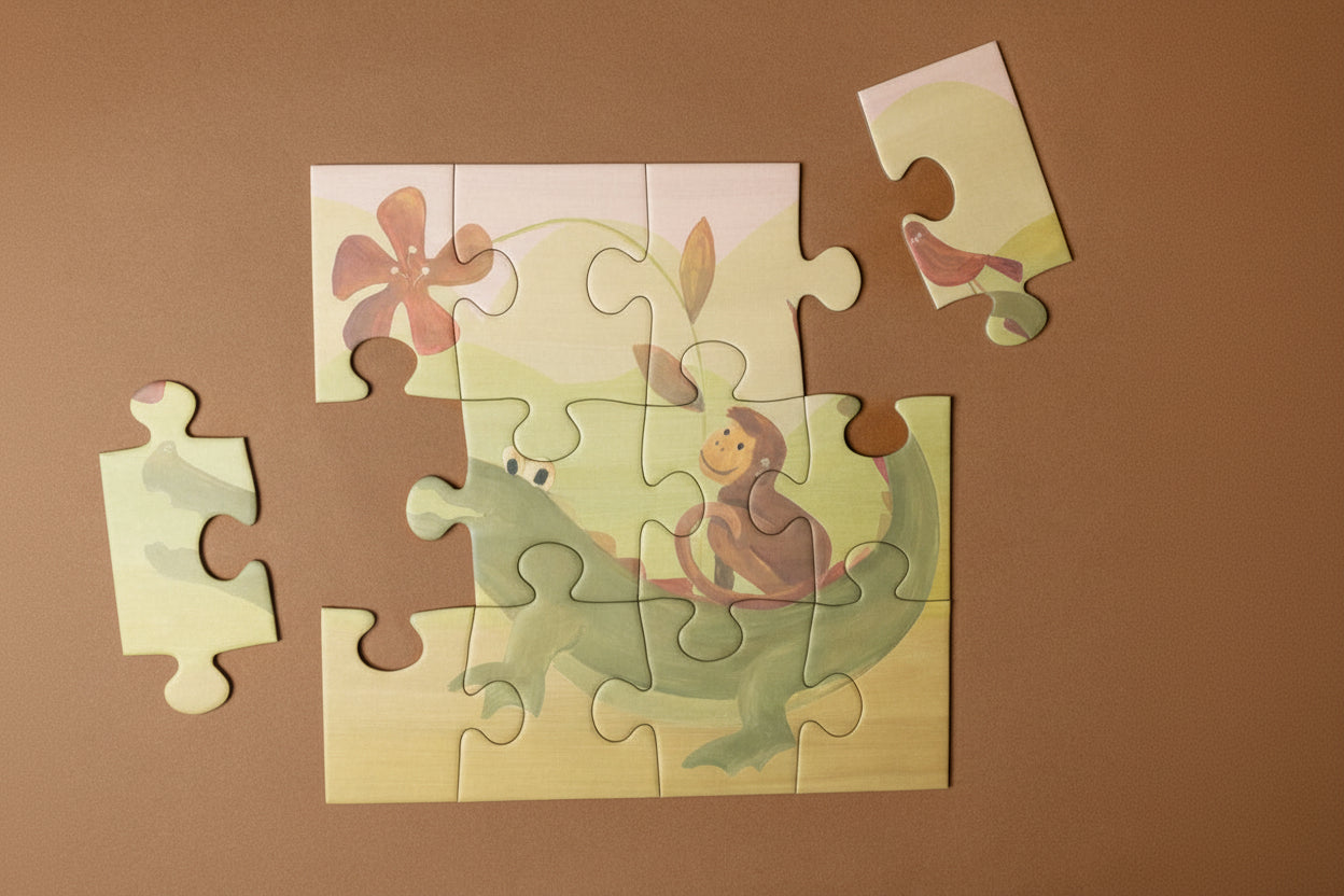 progressive-puzzle-set-african-savanna Children's puzzle with a monkey and flower design on a brown background