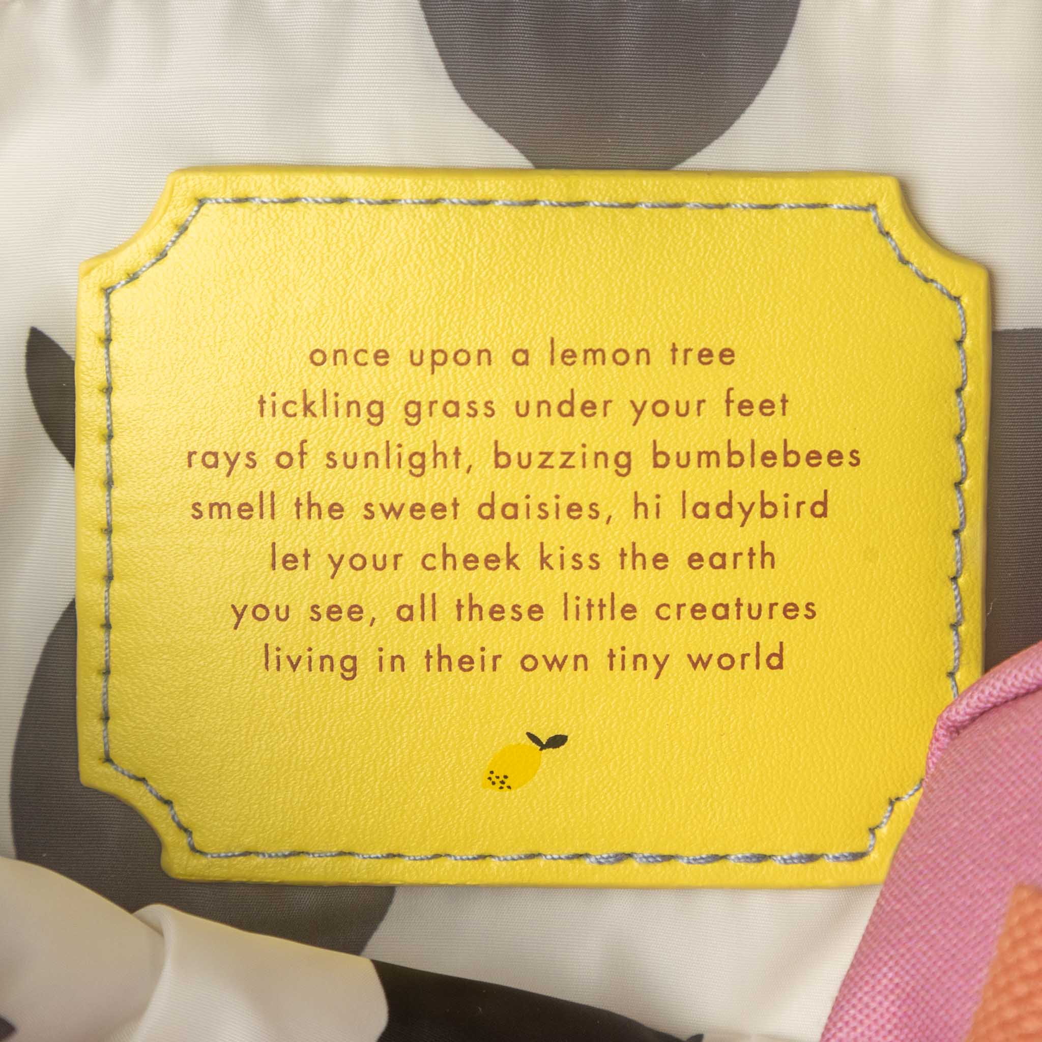 Yellow insert with a poem about nature and a lemon illustration on a soft background.